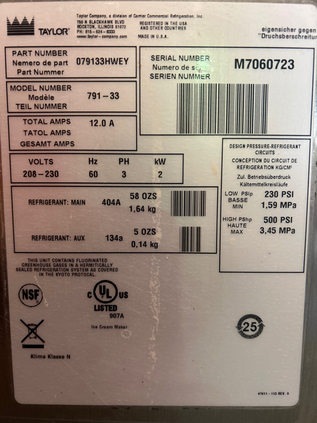 Taylor Freezers 791-33 Commercial Ice Cream Machine