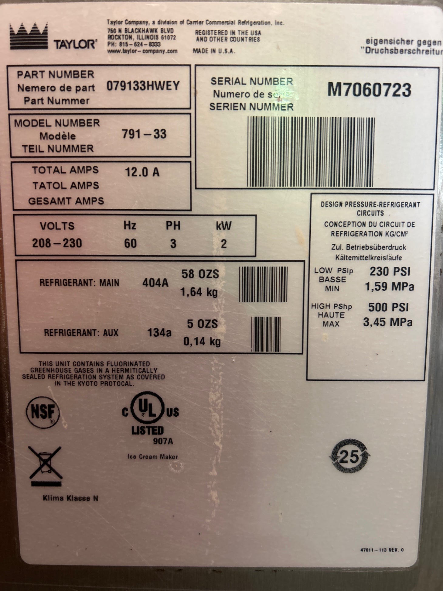 Taylor Freezers 791-33 Commercial Ice Cream Machine