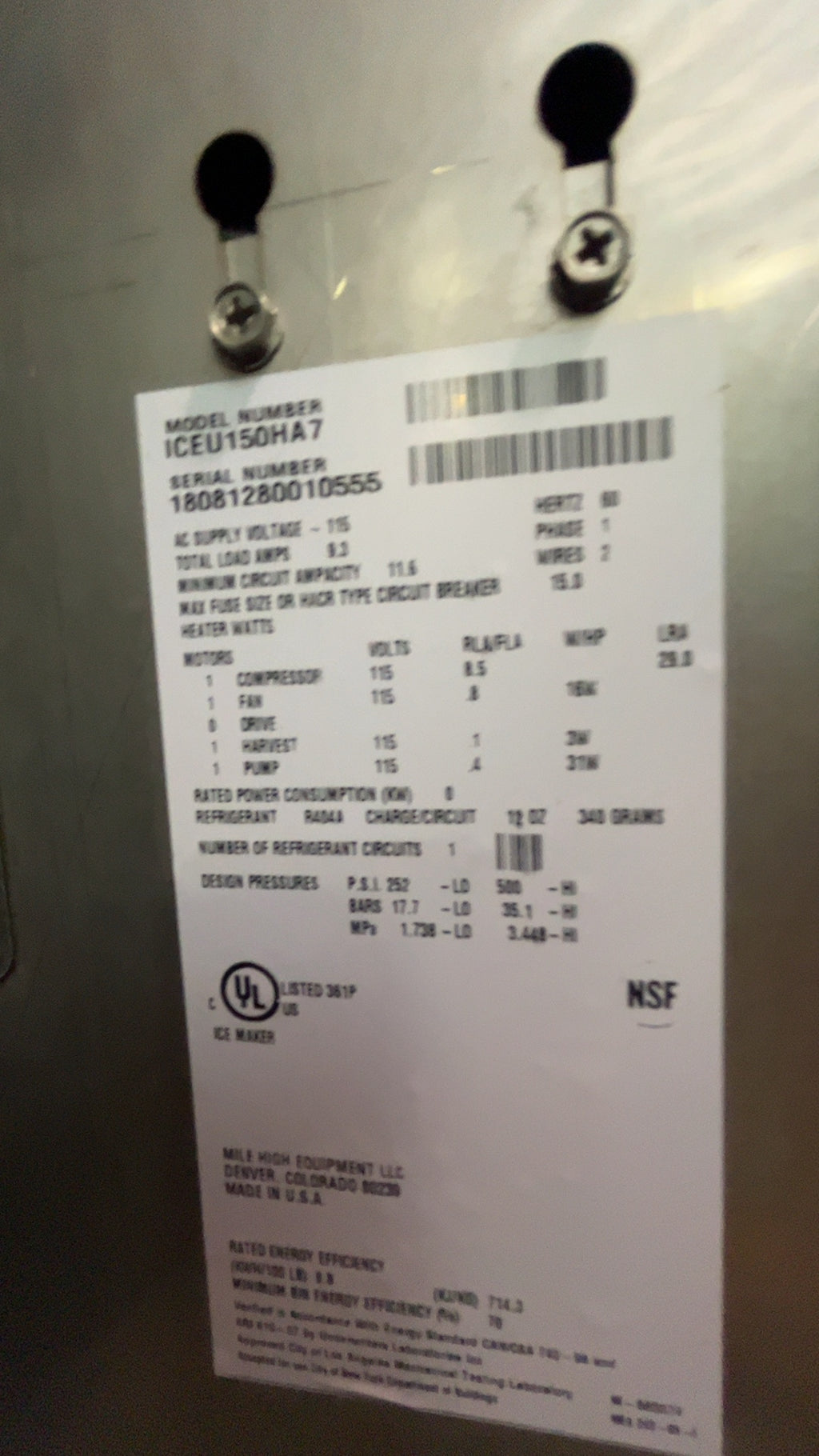 Ice-O-Matic ICEU150HA7 Ice Maker, Undercounter 115V 1 Phase 60Hz