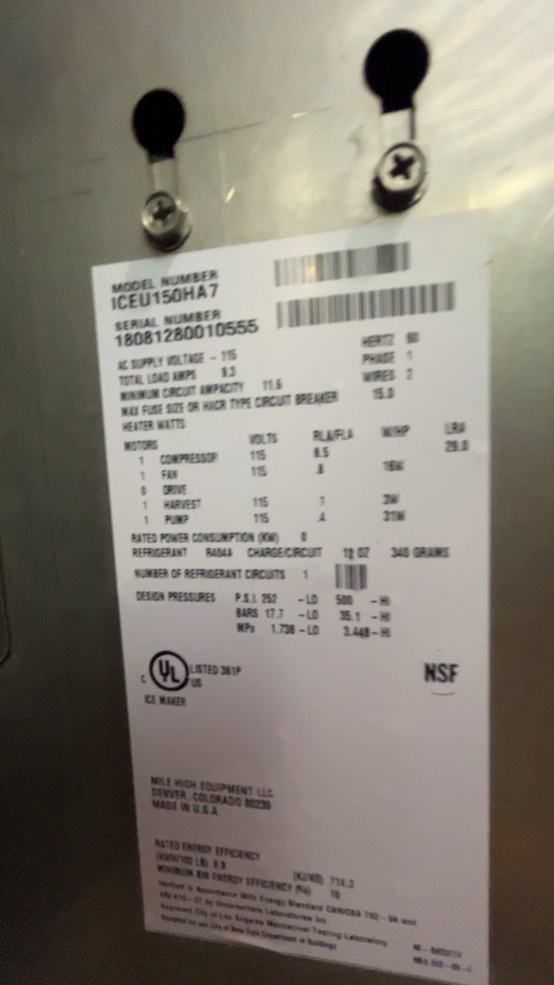 Ice-O-Matic ICEU150HA7 Ice Maker, Undercounter 115V 1 Phase 60Hz