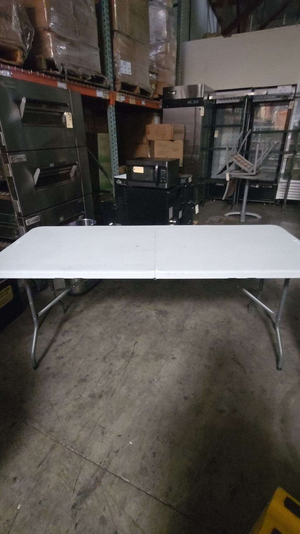 72x30 Folding Table, Rectangular White Top. 2 White Plastic Folding Chairs