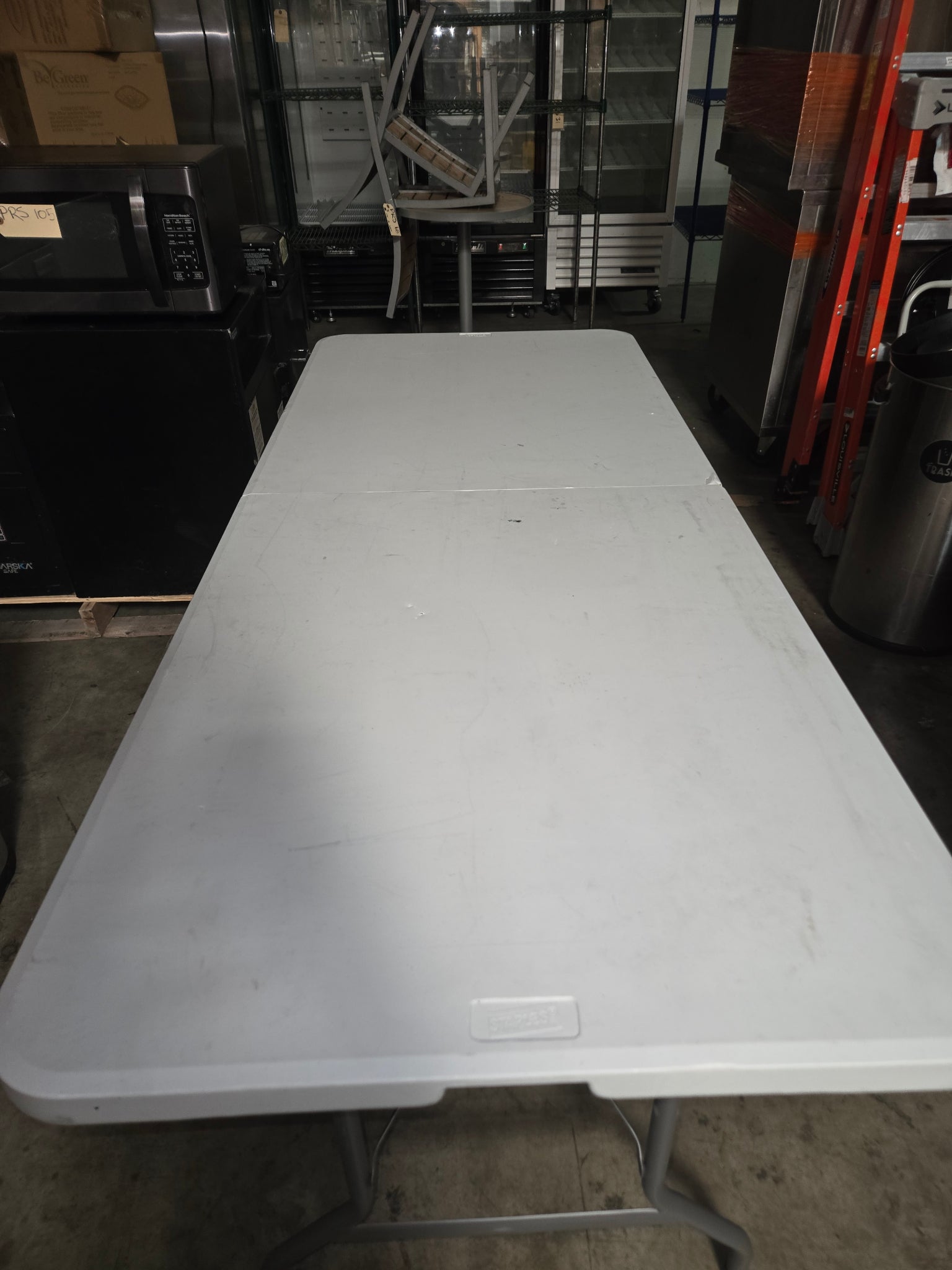 72x30 Folding Table, Rectangular White Top. 2 White Plastic Folding Chairs