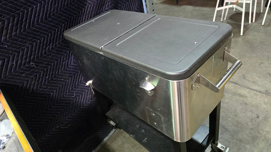 SSBC-100 Cooler, Rolling Party Stainless Steel Exterior, Built-in Bottle Opener, Drain Plug, Split Lid