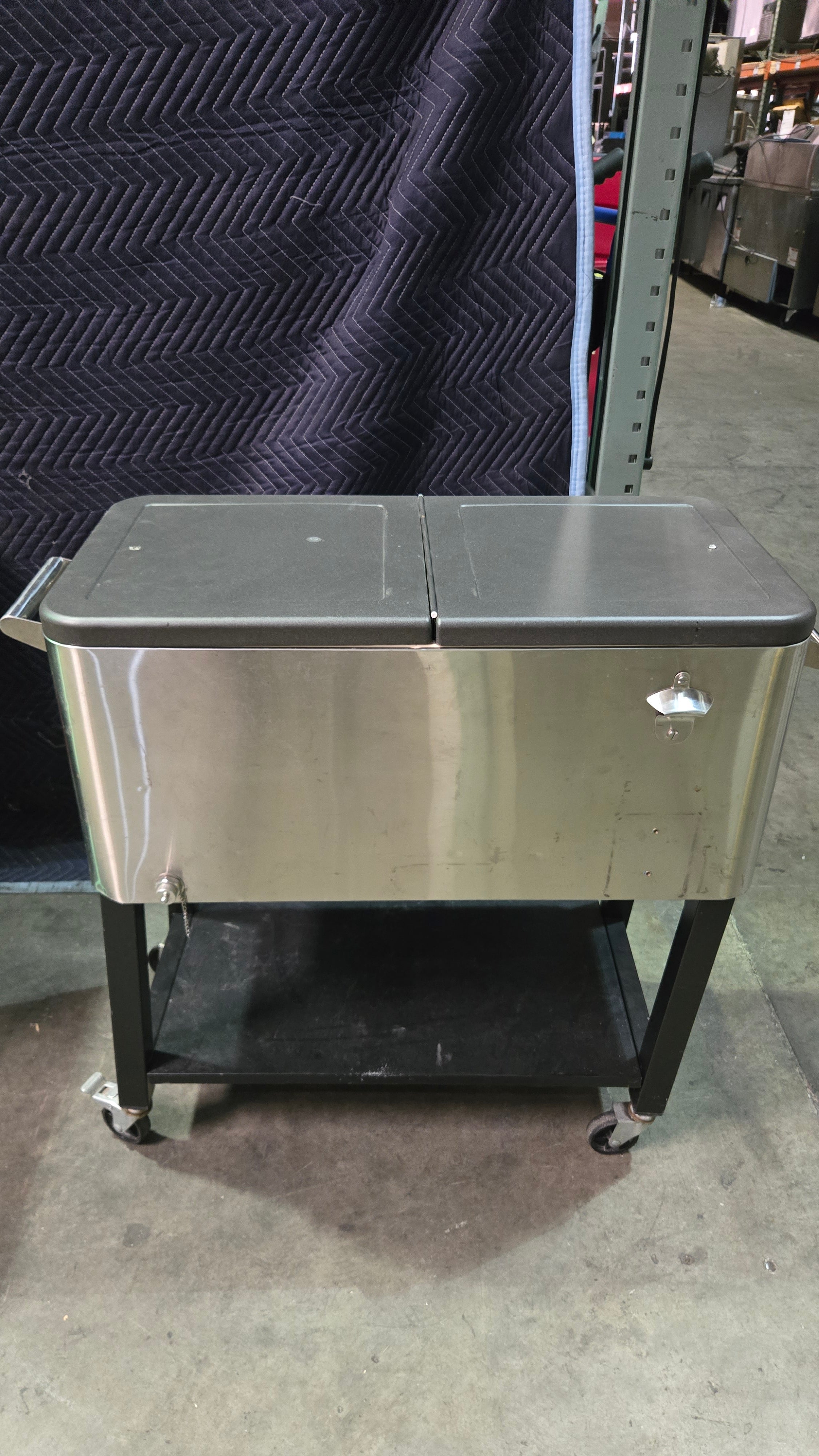 SSBC-100 Cooler, Rolling Party Stainless Steel Exterior, Built-in Bottle Opener, Drain Plug, Split Lid