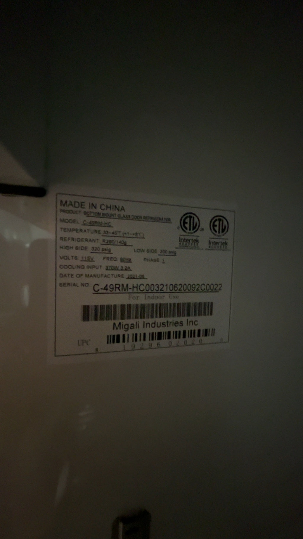 Migali C-49RM-HC Refrigerator, Rear Mount Glass Door Two Doors 115V Wheels