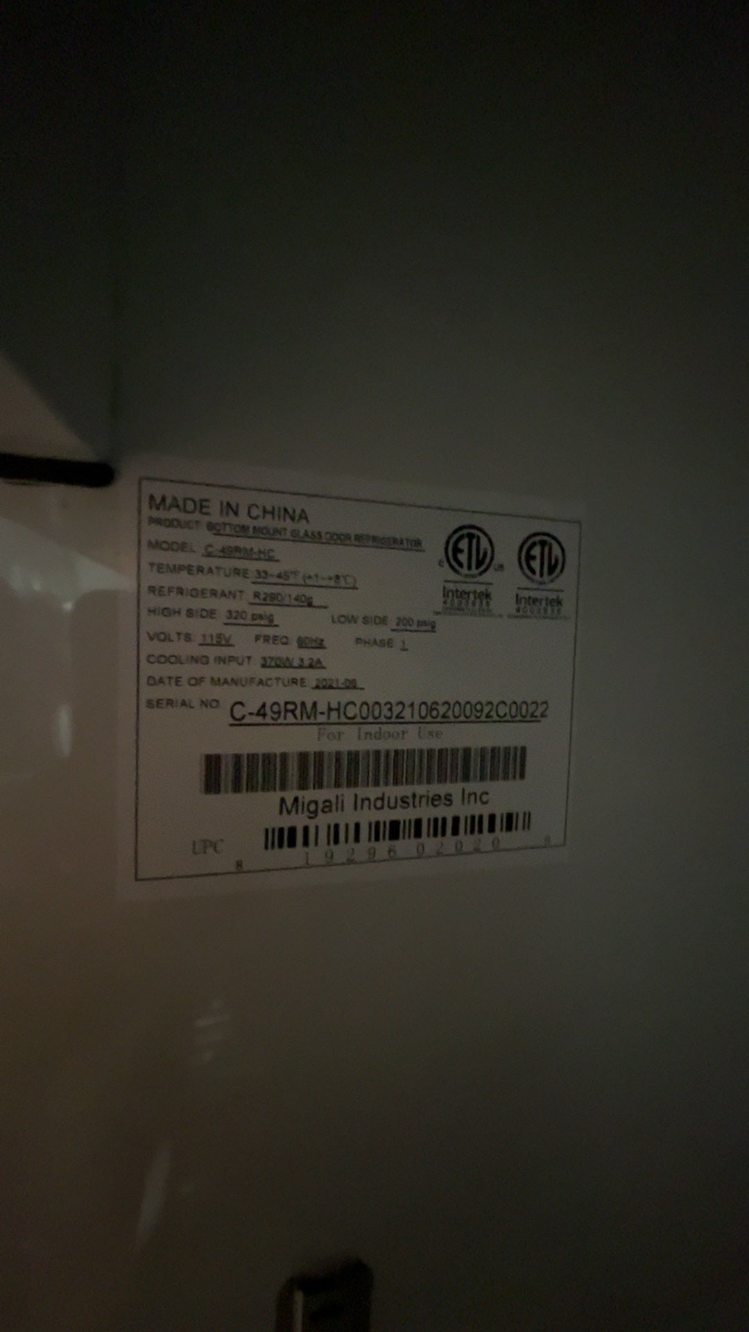Migali C-49RM-HC Refrigerator, Rear Mount Glass Door Two Doors 115V Wheels