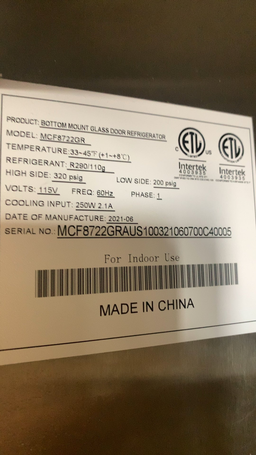 Atosa MCF8722GR Refrigerator, Bottom Mount Glass Door 115V Single Phase On Wheels