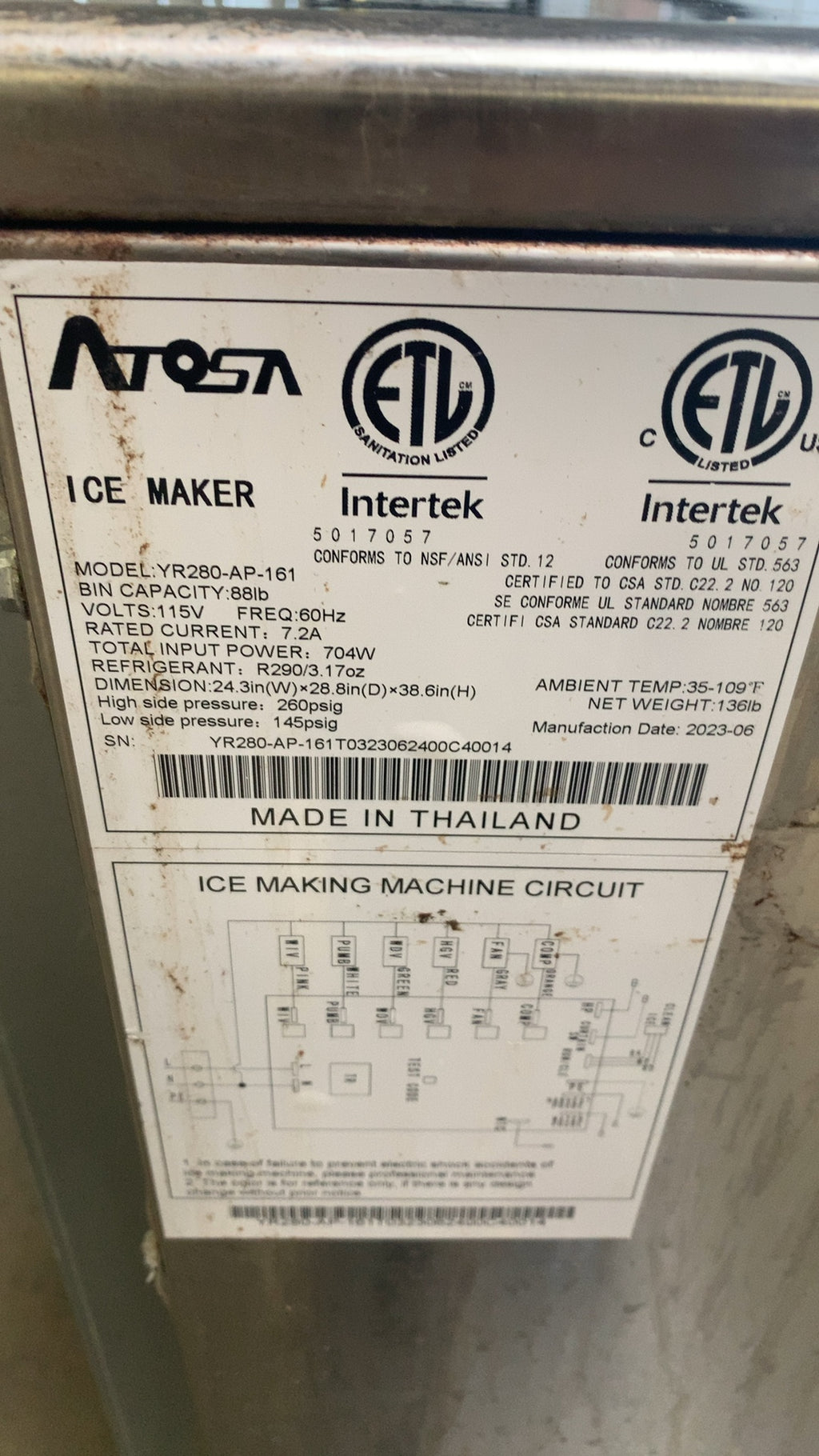 ATOSA YR280-AP-161 Ice Maker, Self-Contained 88 lb Bin Capacity, 115V