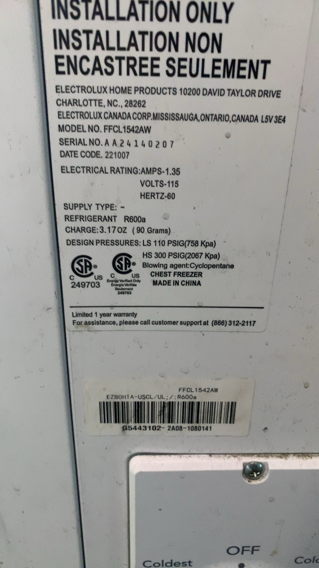 Electrolux FFCL1542AW Chest Freezer 115V Electric