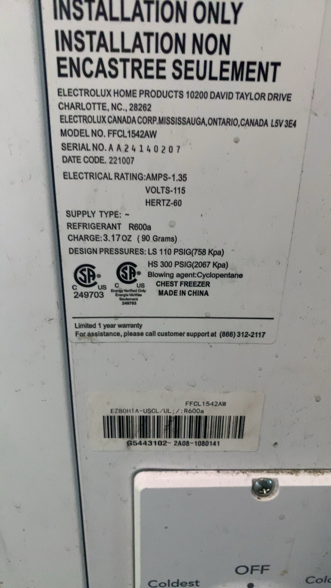 Electrolux FFCL1542AW Chest Freezer 115V Electric