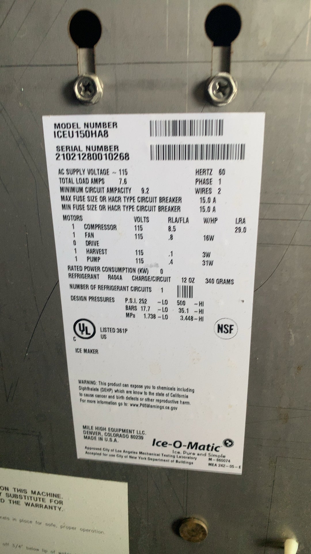 Ice-O-Matic ICEU150HA8 Ice Maker, Under Counter 115V 1 Phase R404A Refrigerant