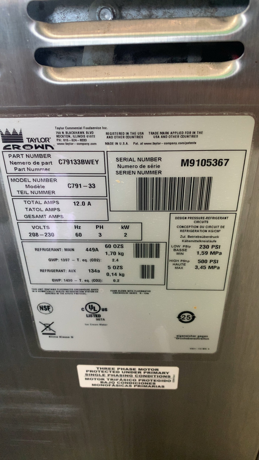 TAYLOR C791-33 Soft Serve Ice Cream Machine, Floor Model Three Flavor 208-230V Three Phase