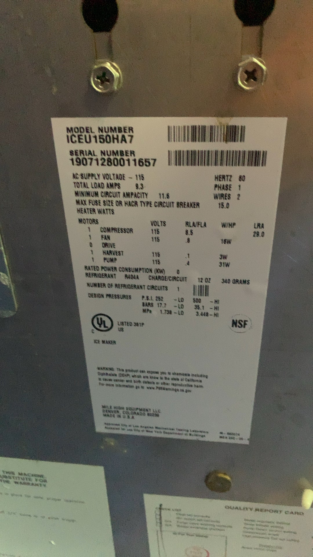 Ice-O-Matic ICEU150HA7 Ice Maker, Under Counter 115V 1 Phase