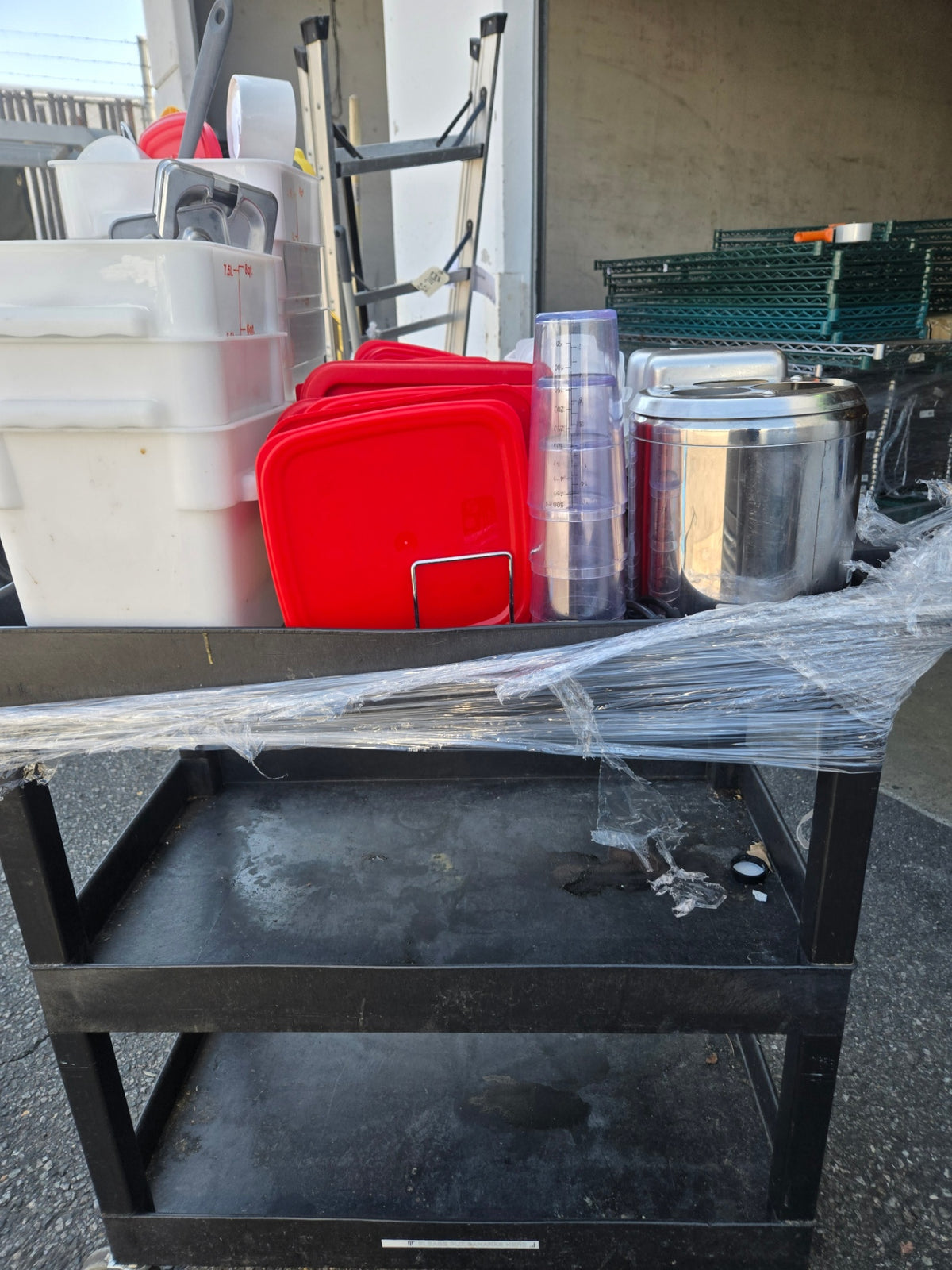 UC3S-BLK Utility Cart, 3-Shelf Plastic On Casters With Stainless Steel Insets, Plastic Storage Bins
