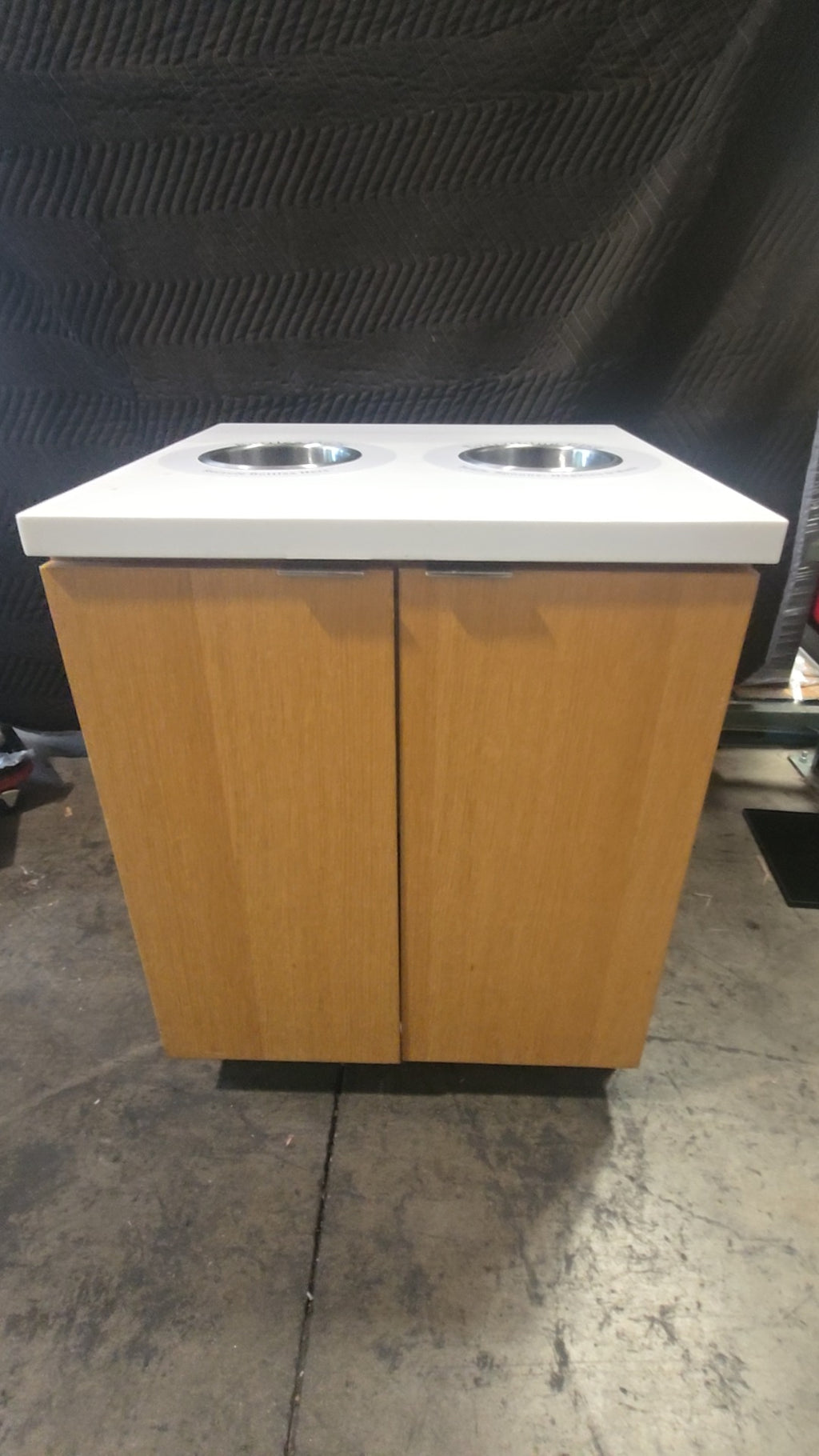 DualStream Cabinet Waste Receptacle, Dual Compartment Cabinet Wood Finish, White Solid Surface Top