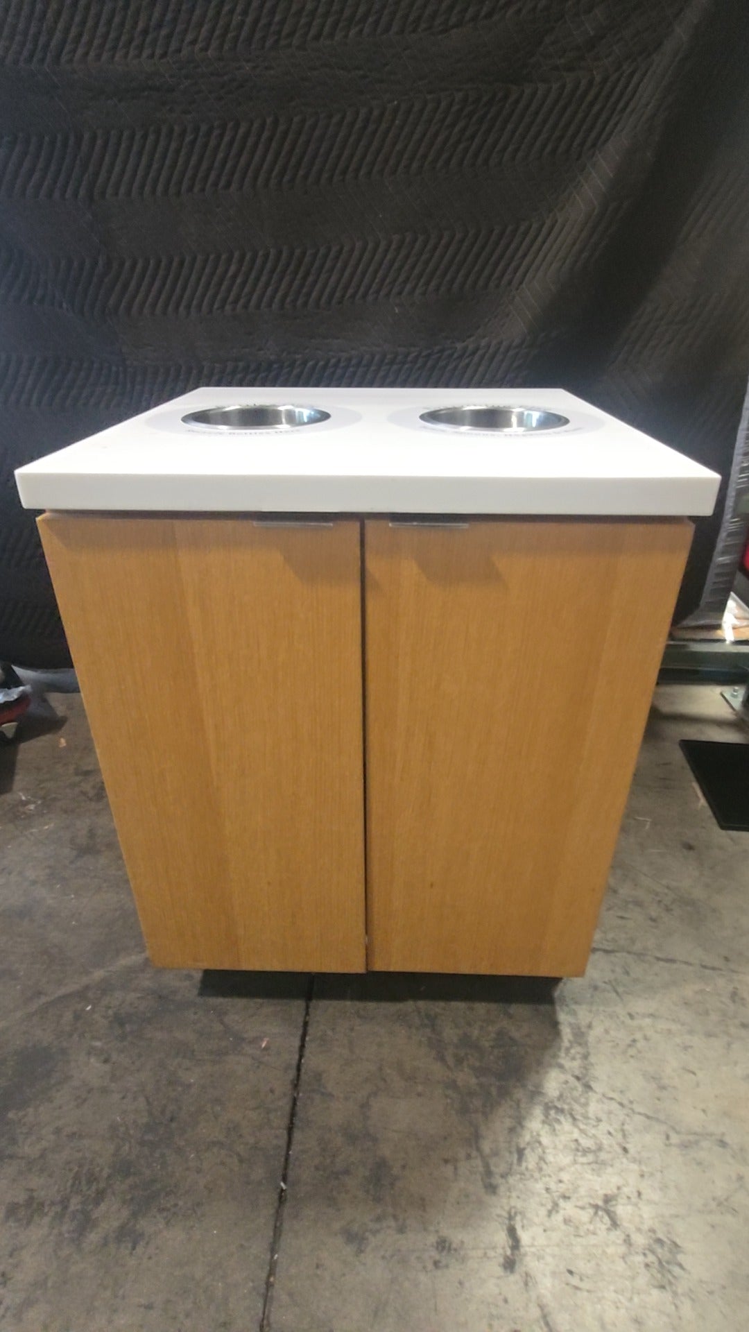 DualStream Cabinet Waste Receptacle, Dual Compartment Cabinet Wood Finish, White Solid Surface Top