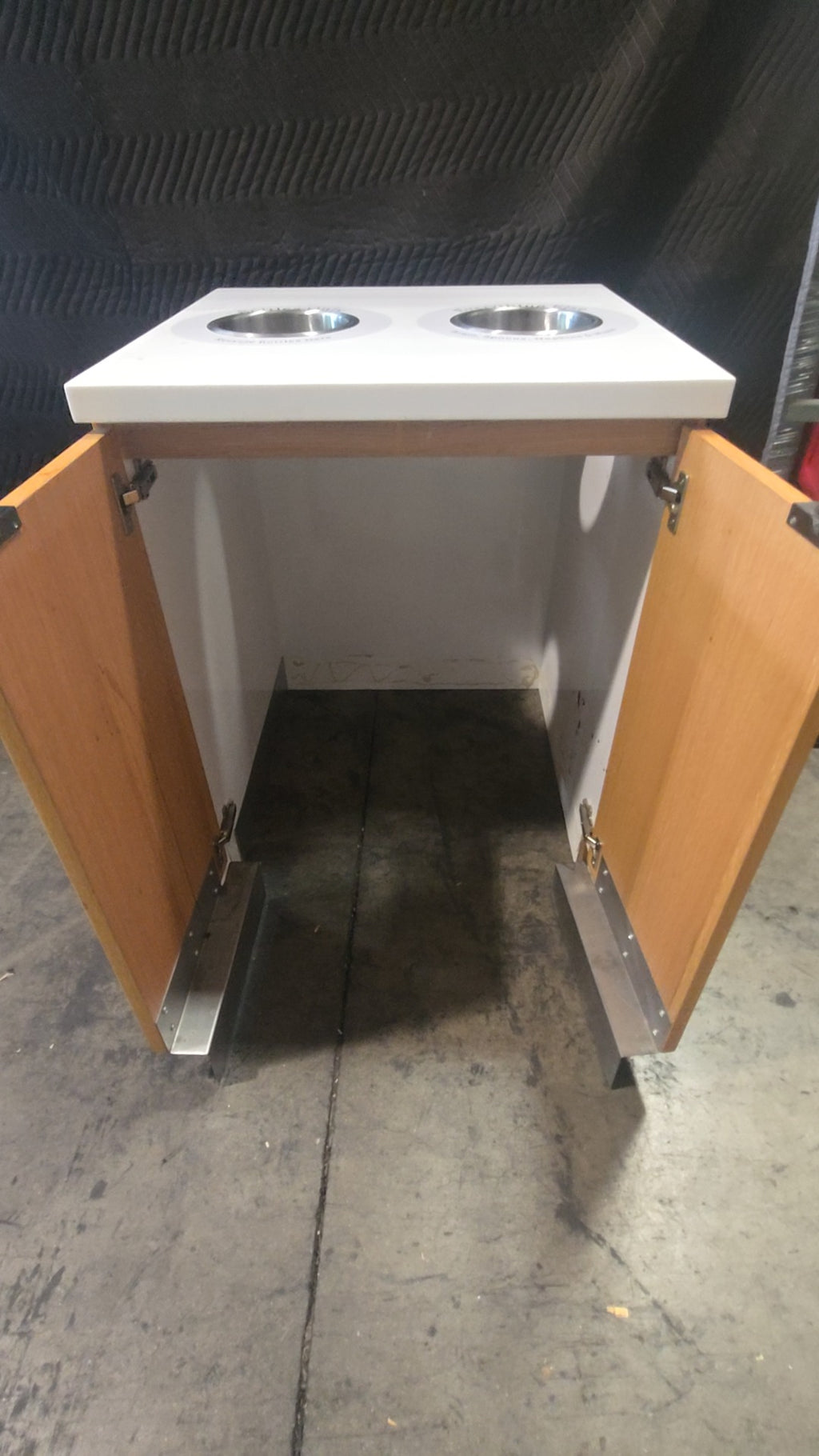 DualStream Cabinet Waste Receptacle, Dual Compartment Cabinet Wood Finish, White Solid Surface Top
