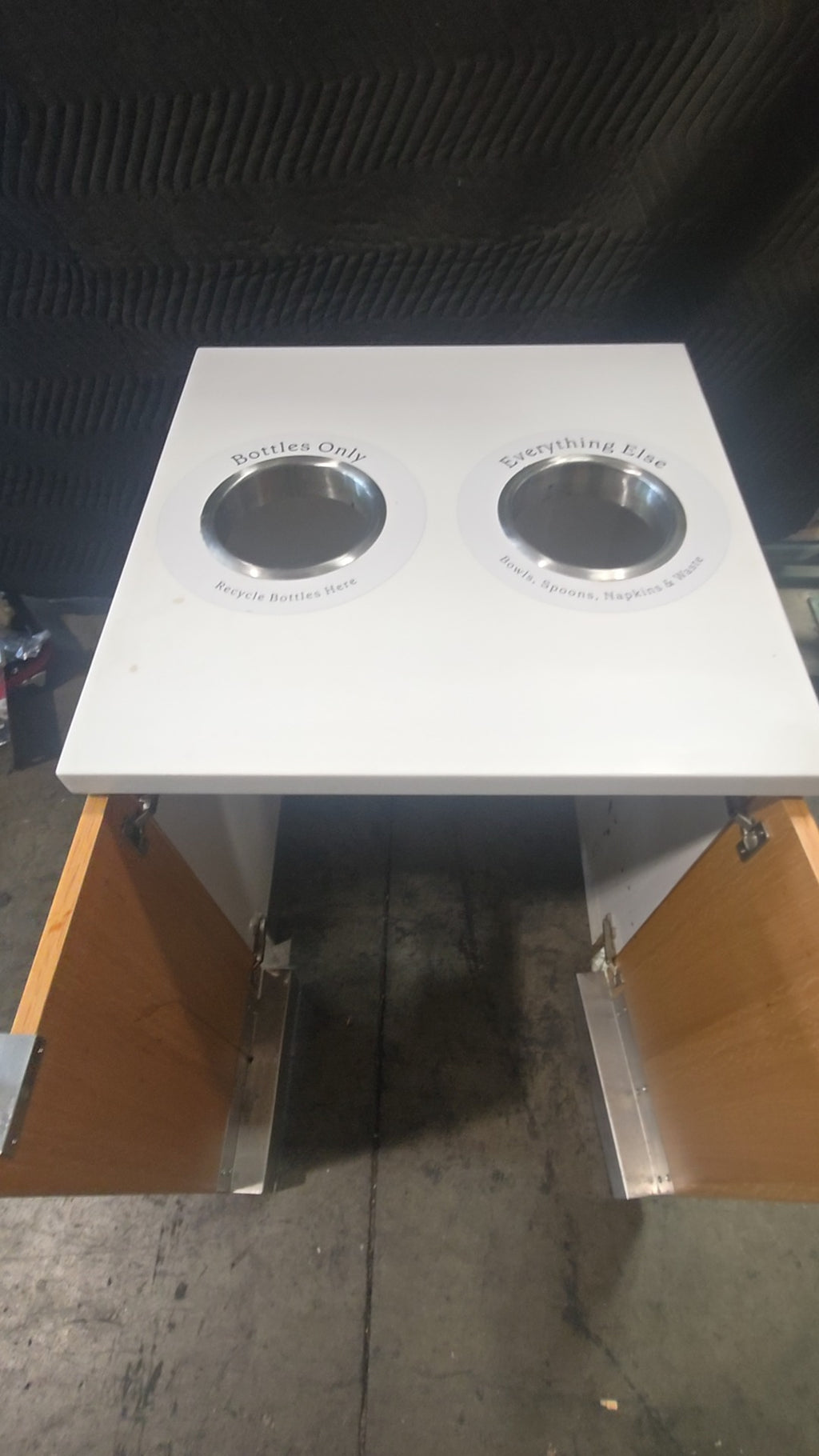 DualStream Cabinet Waste Receptacle, Dual Compartment Cabinet Wood Finish, White Solid Surface Top
