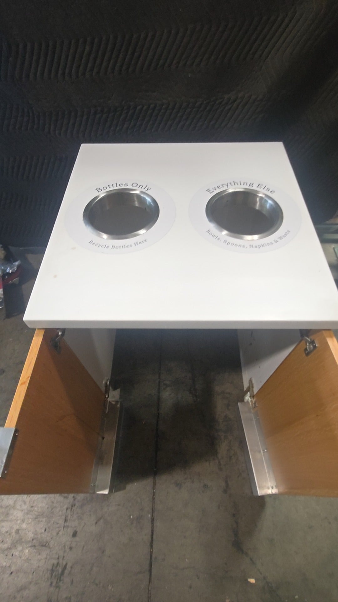 DualStream Cabinet Waste Receptacle, Dual Compartment Cabinet Wood Finish, White Solid Surface Top
