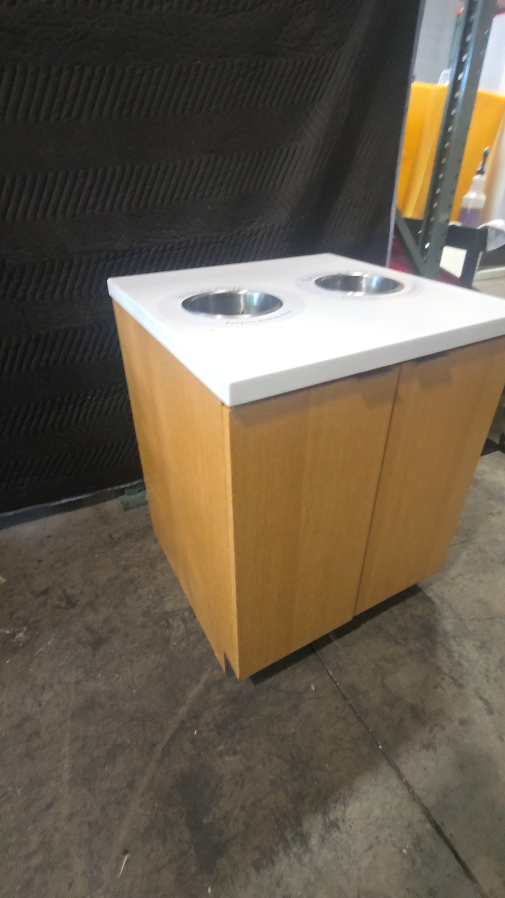 DualStream Cabinet Waste Receptacle, Dual Compartment Cabinet Wood Finish, White Solid Surface Top