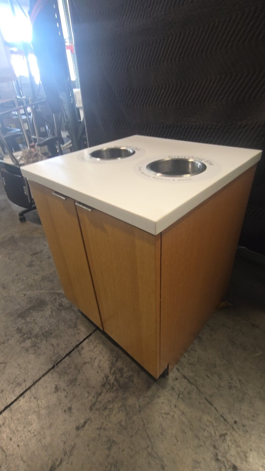 DualStream Cabinet Waste Receptacle, Dual Compartment Cabinet Wood Finish, White Solid Surface Top