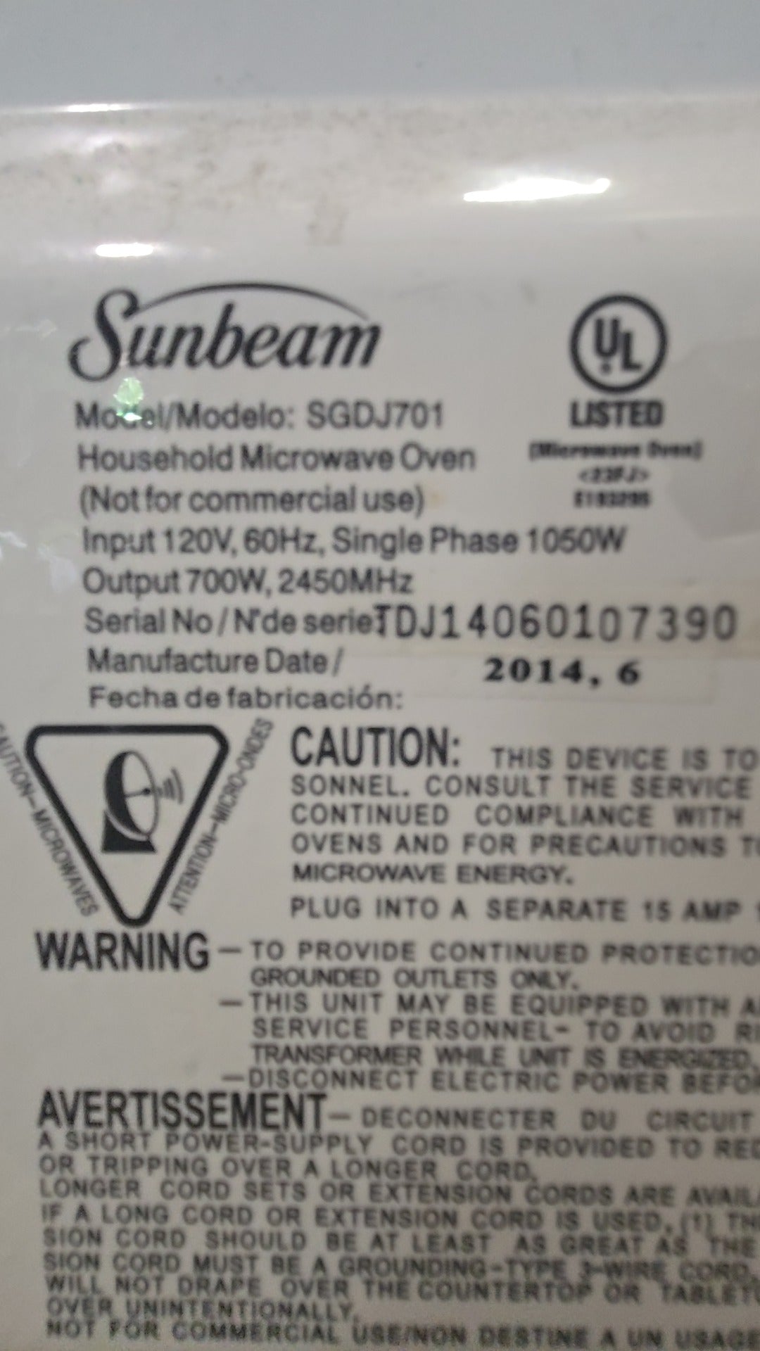 Sunbeam SGDJ701 Microwave Oven, Household Countertop 700W Output 1050W Input Power White