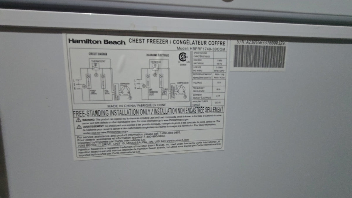 Hamilton Beach HBFRF-1749-3BCOM Chest Freezer, Double Door Freestanding 115V, includes 2 Baskets