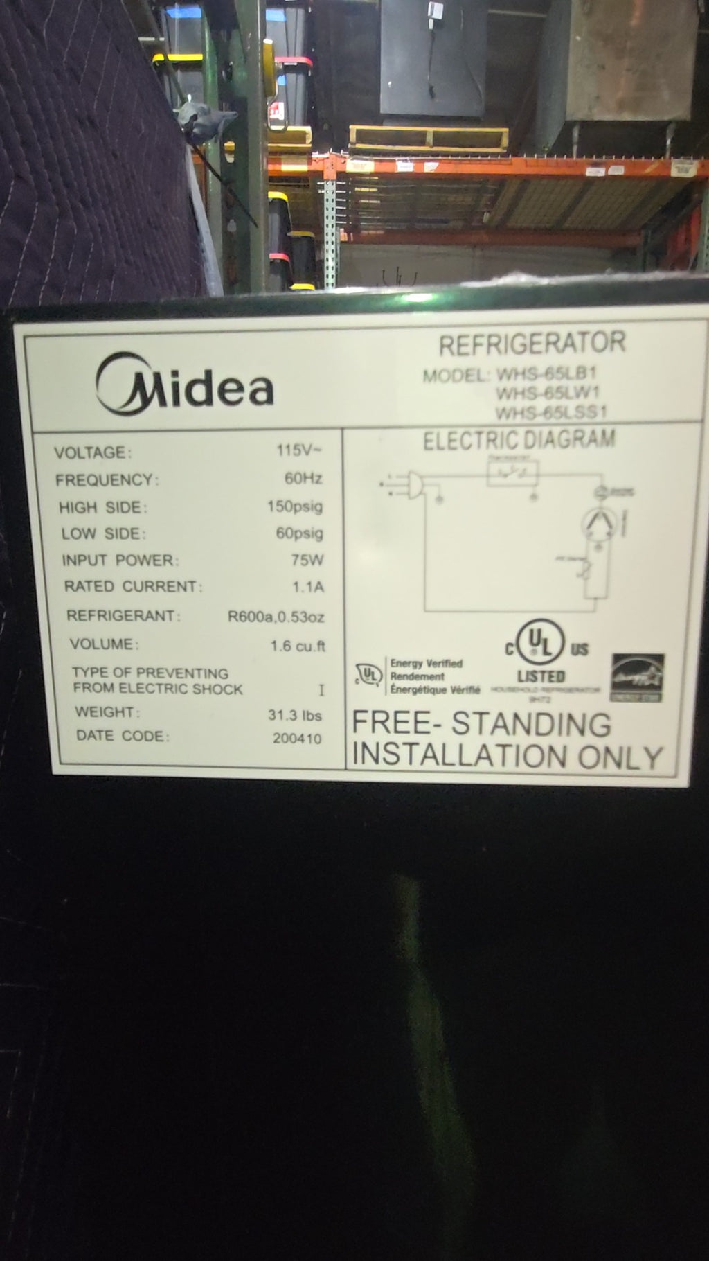 Midea WHS-65LB1 Refrigerator, Compact 1.6 cu.ft 115V Black