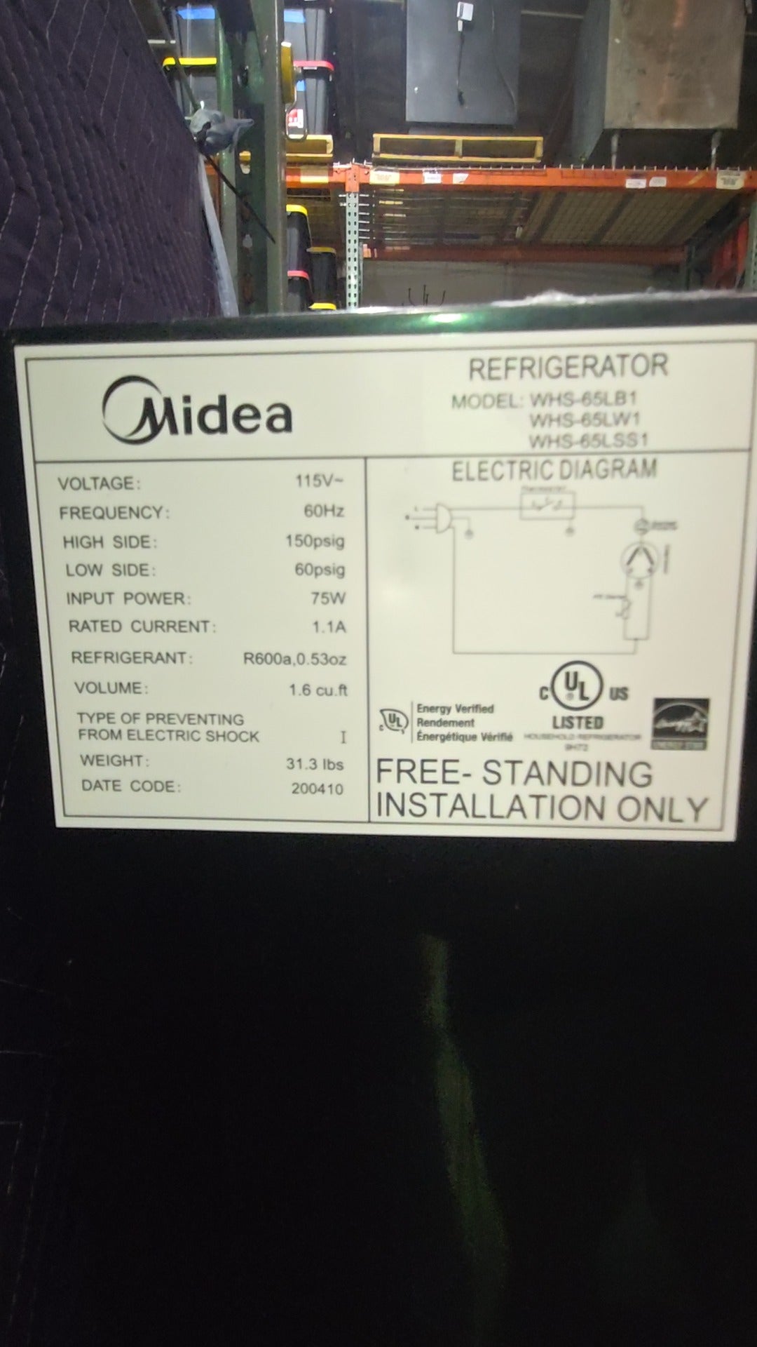 Midea WHS-65LB1 Refrigerator, Compact 1.6 cu.ft 115V Black