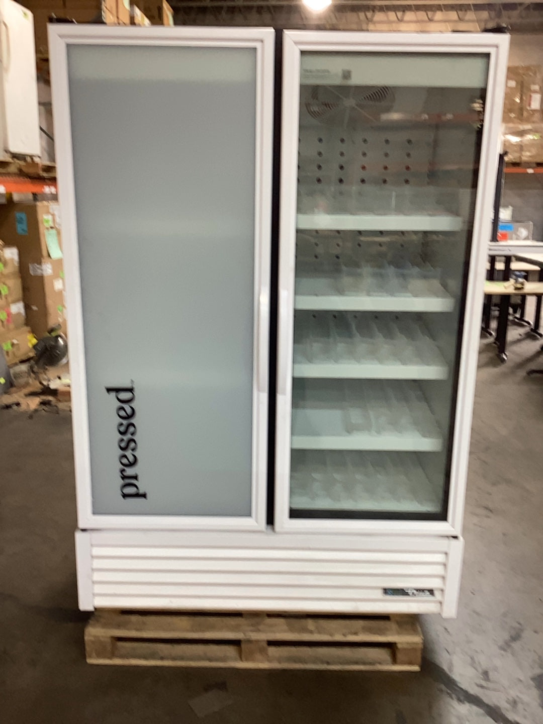 True FLM-54 - TSL01 Display Refrigerator, Upright Two-Door One Frosted Door One Glass Swing Door.