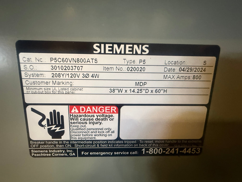 SIEMENS P5C60VN800ATS Electrical Panel, Main Breaker 208Y/120V 3 Phase 4 Wire 800 Max Amps