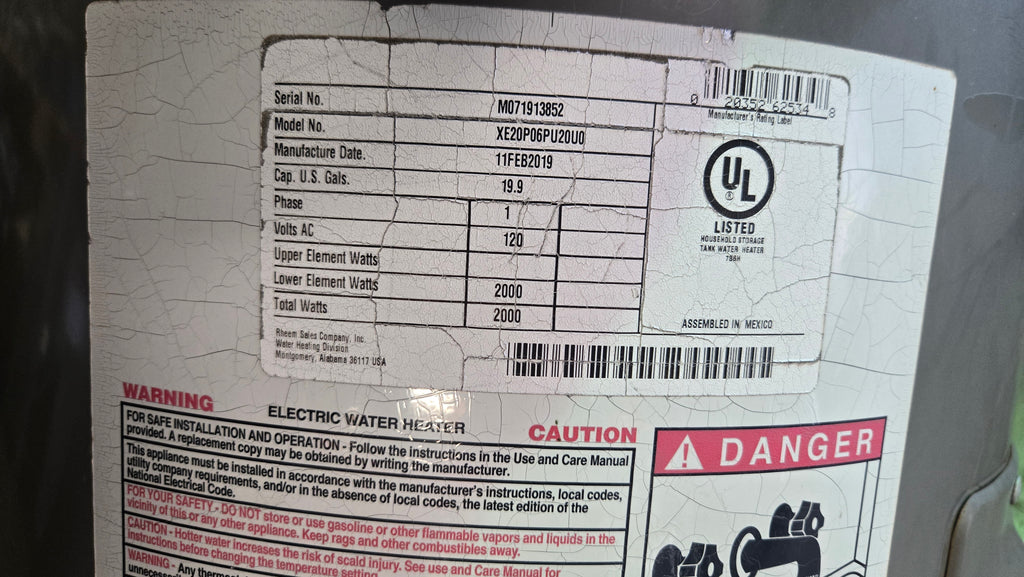 Rheem XE20P06PU20U0 Electric Water Heater 19.9 Gallon, 120V, 2000W