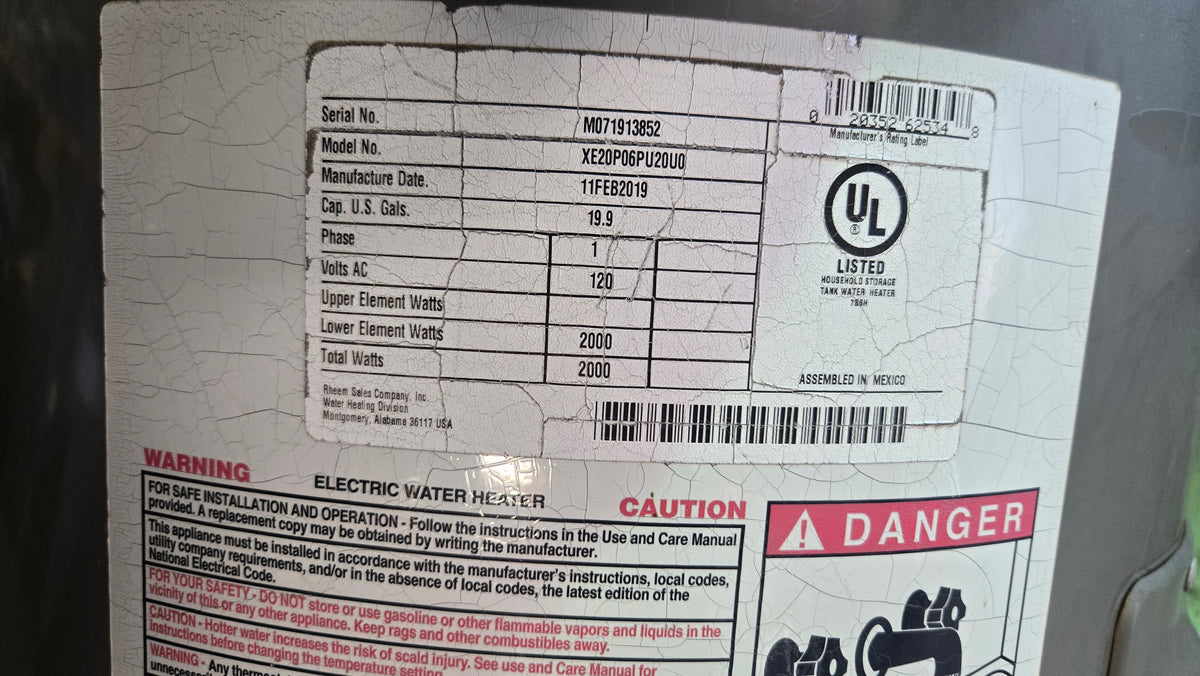 Rheem XE20P06PU20U0 Electric Water Heater 19.9 Gallon, 120V, 2000W