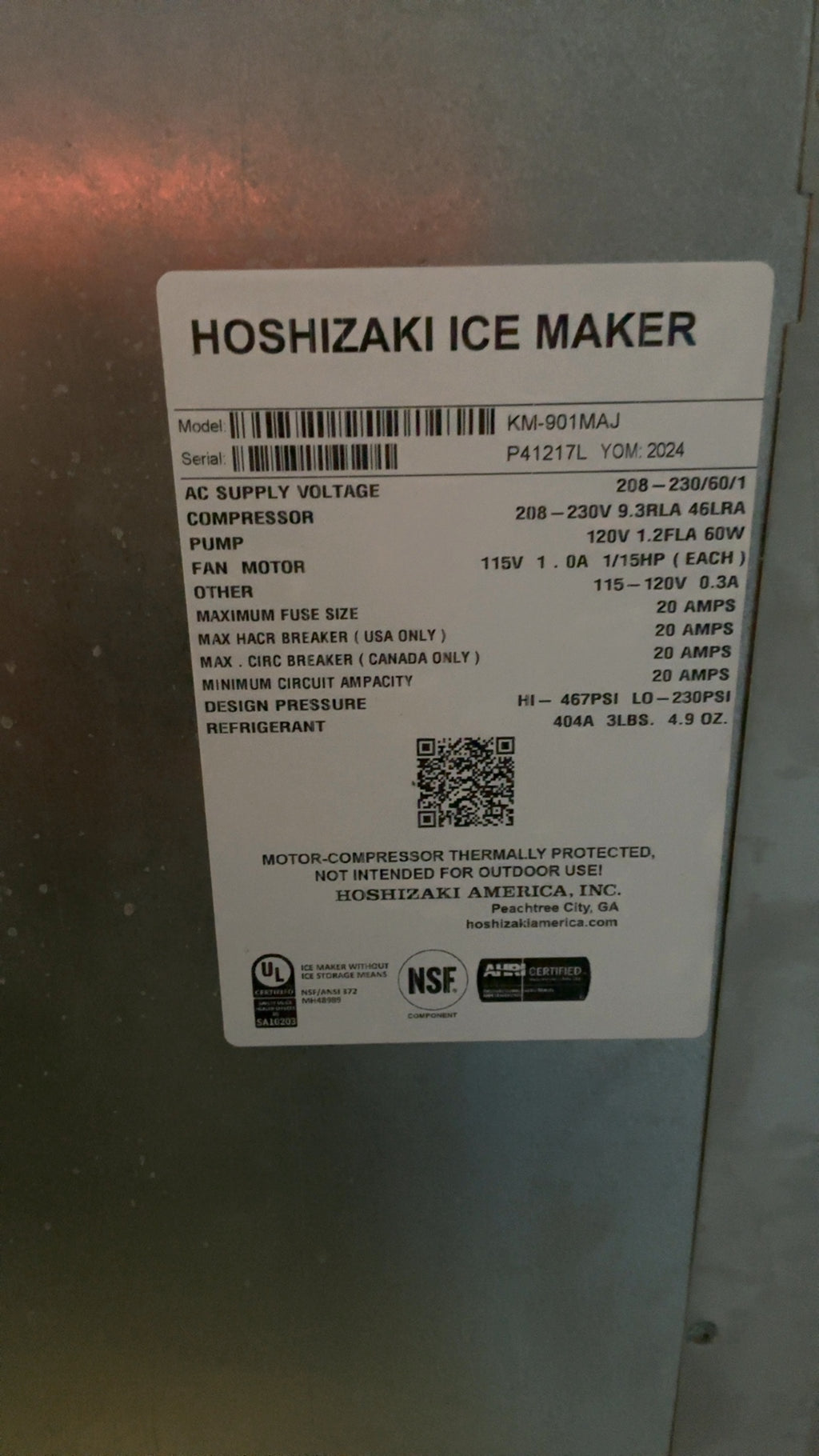 HOSHIZAKI KM-901MAJ Ice Maker, Commercial 208-230V 60Hz 1 Phase