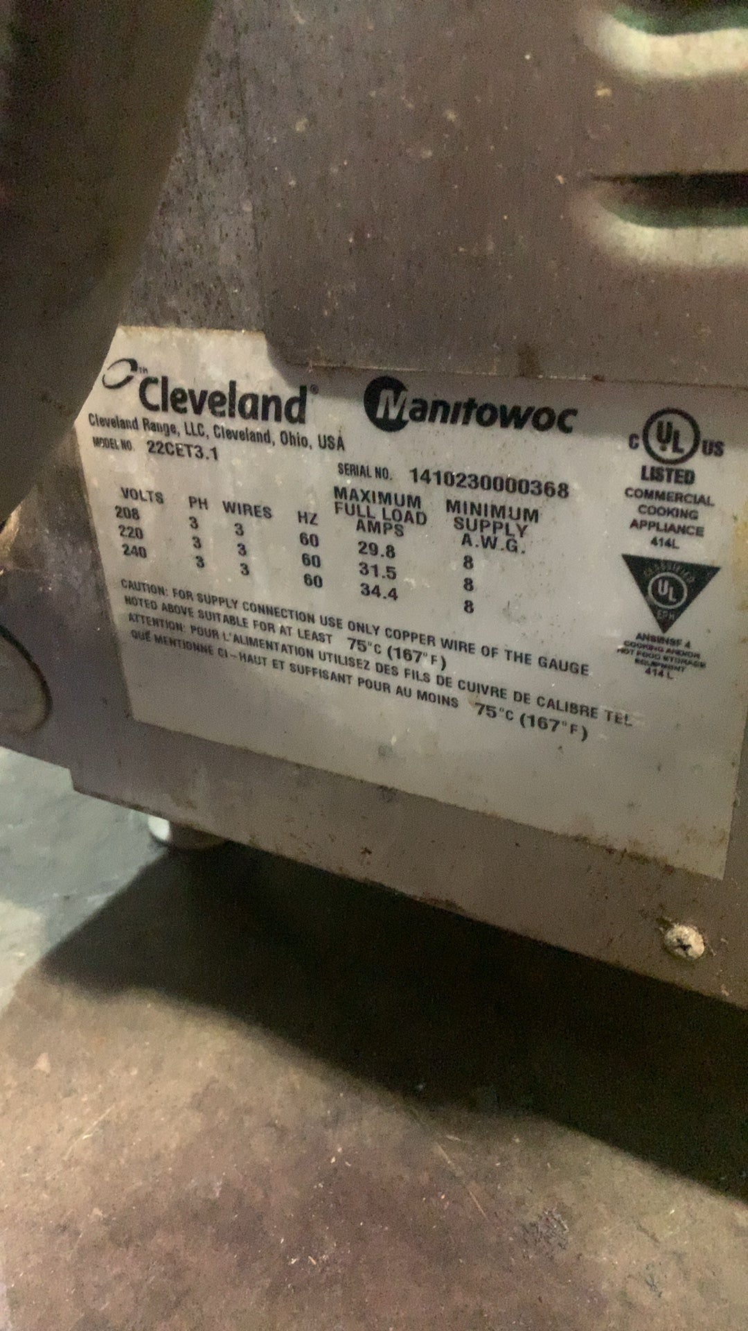 Cleveland 22CET3.1 Steamer, Countertop Electric 3 Phase