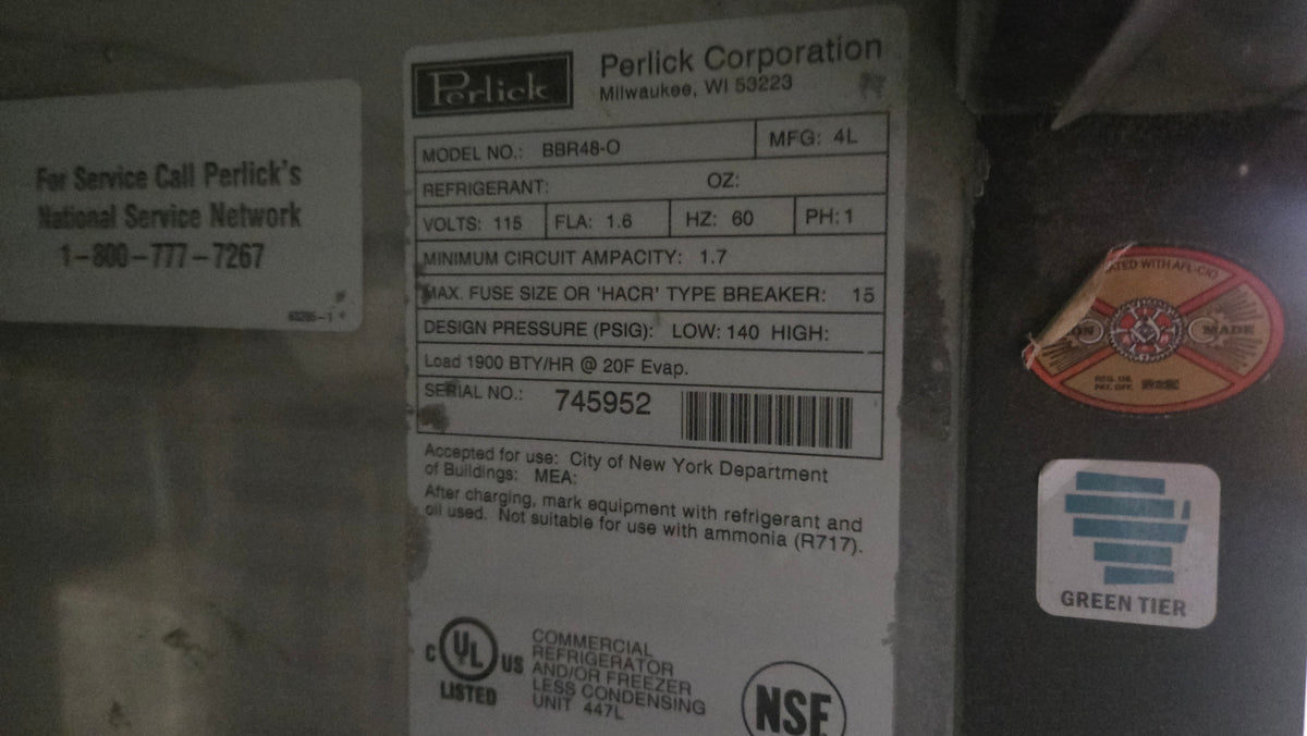 Perlick BBR48-O Refrigerator, Back Bar, Under Counter 2 Solid Swing Doors Stainless Steel 115V
