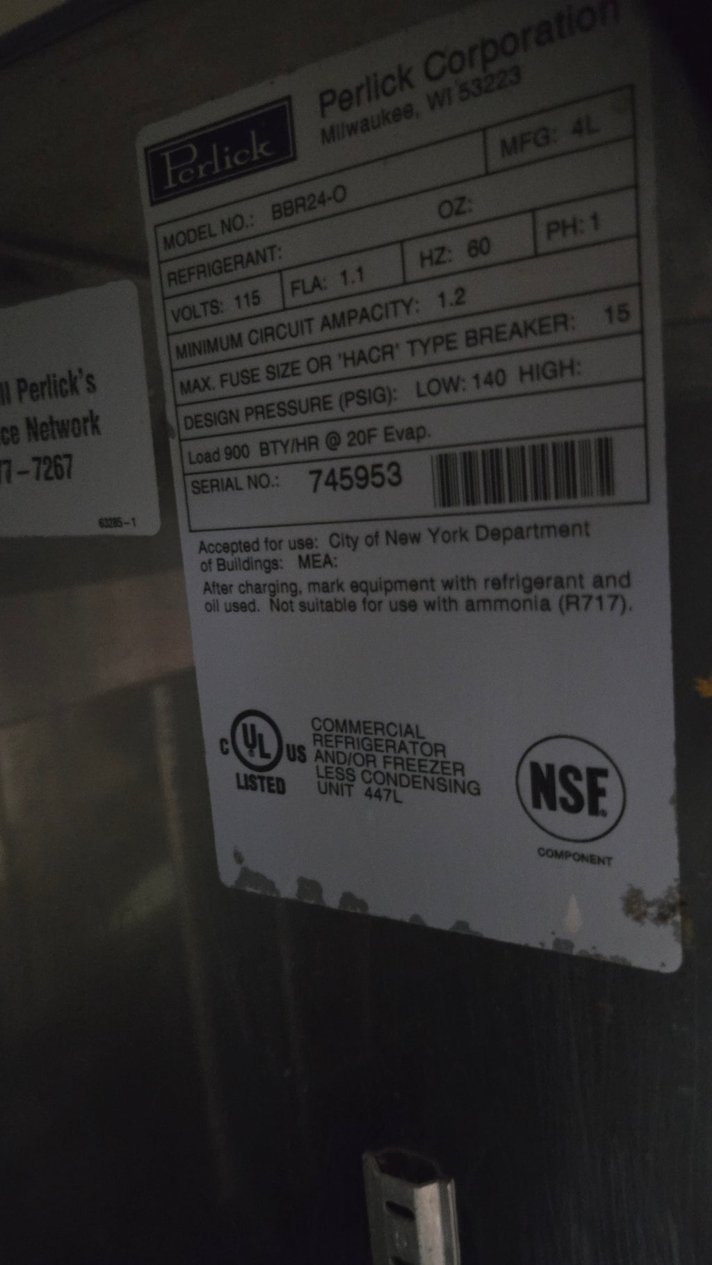 Perlick BBR24-O Commercial Refrigerator, Under Counter 115V 1 Phase Stainless Steel Single Door With Disconnected Refrigeration Line