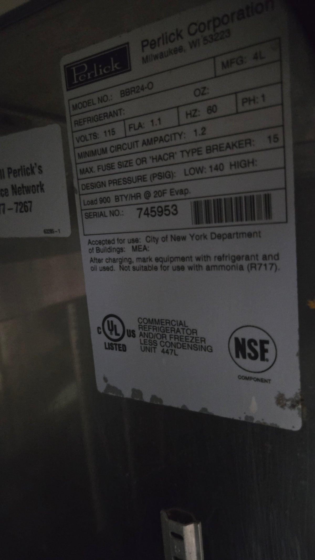 Perlick BBR24-O Commercial Refrigerator, Under Counter 115V 1 Phase Stainless Steel Single Door With Disconnected Refrigeration Line