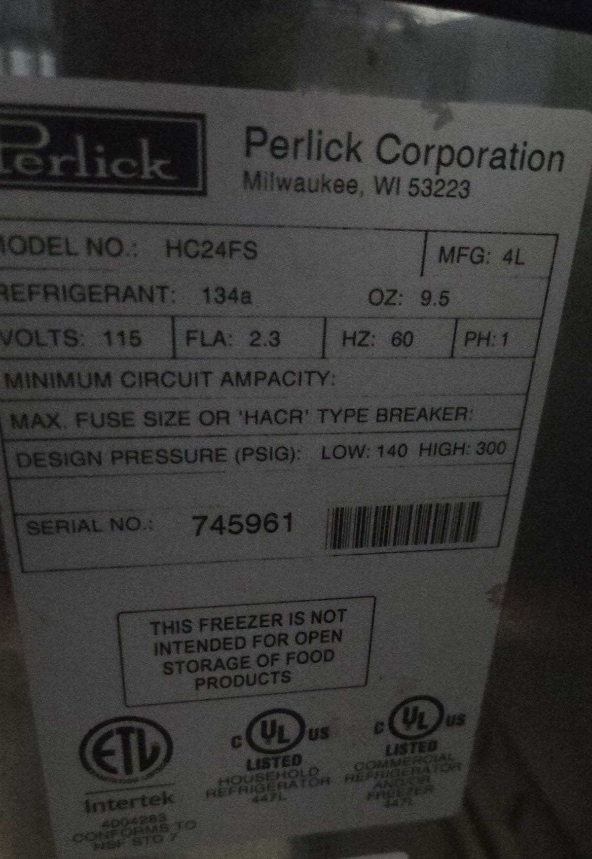 Perlick HC24FS Freezer, UnderCounter, Single Solid Swing Door, Stainless
