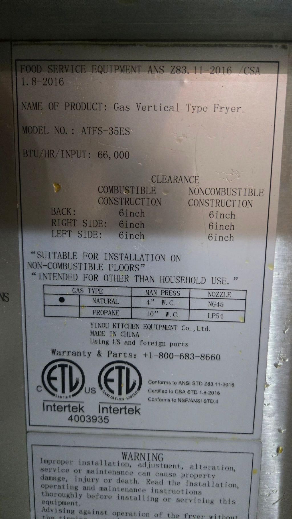 YINDU KITCHEN EQUIPMENT Co., Ltd. ATFS-35ES Fryer, Vertical Type Gas 66,000 BTU/HR Input, On Wheels