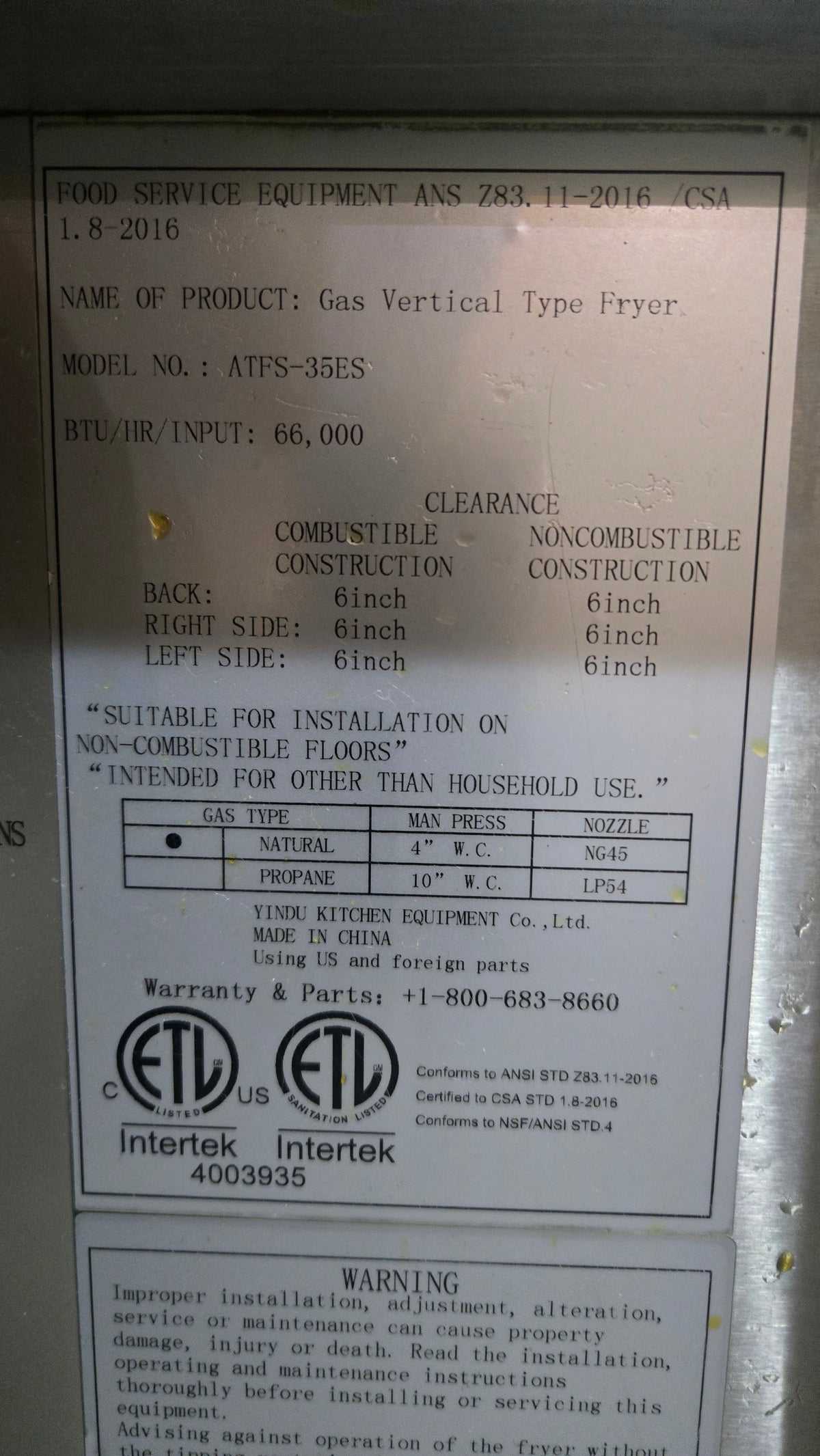 YINDU KITCHEN EQUIPMENT Co., Ltd. ATFS-35ES Fryer, Vertical Type Gas 66,000 BTU/HR Input, On Wheels
