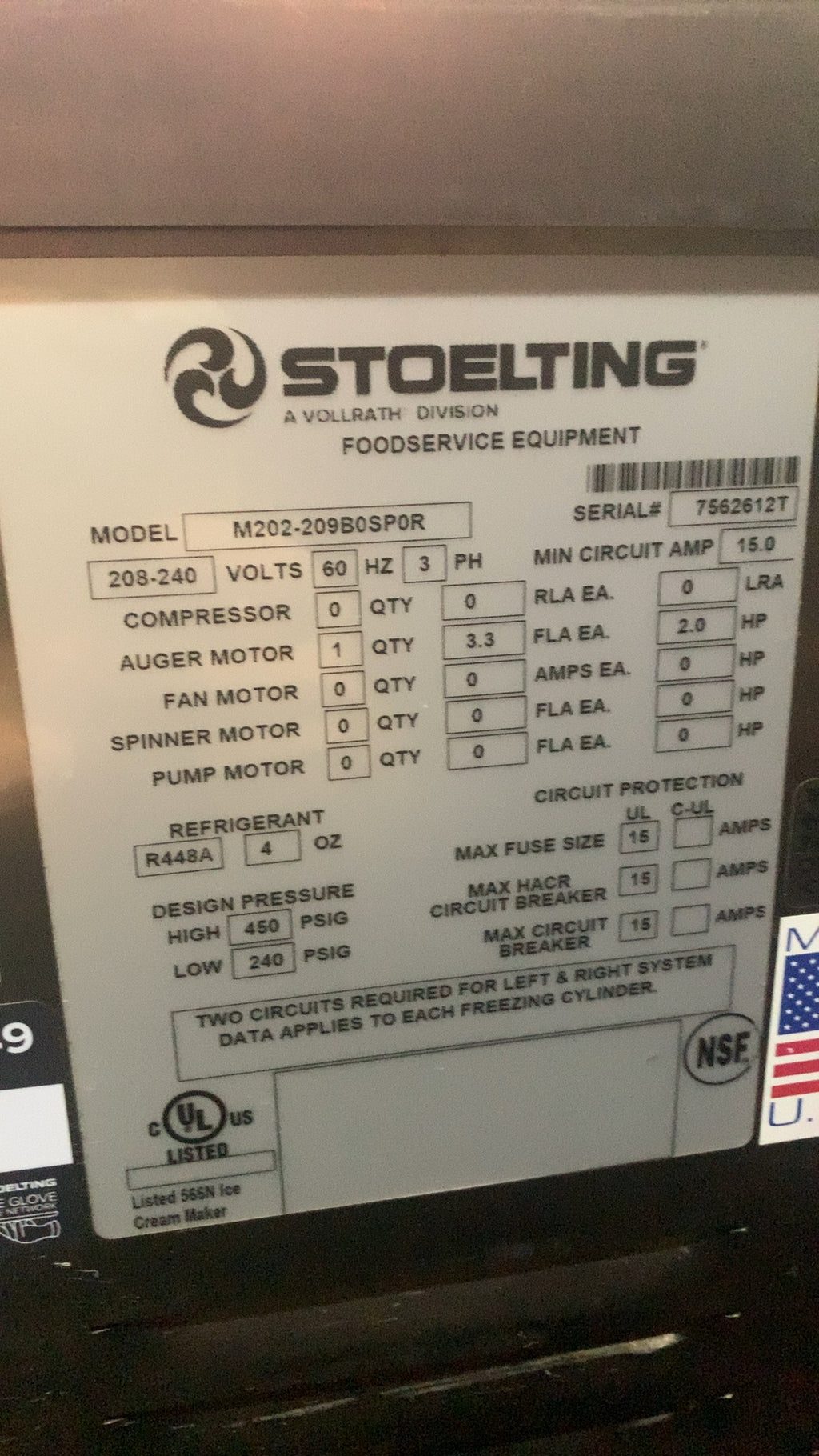 STOELTING M202-209B0SP0R Ice Cream Maker, Freestanding Dual Flavor 2 Dispensing Heads 3 Phase Power Stainless Steel Construction On Casters