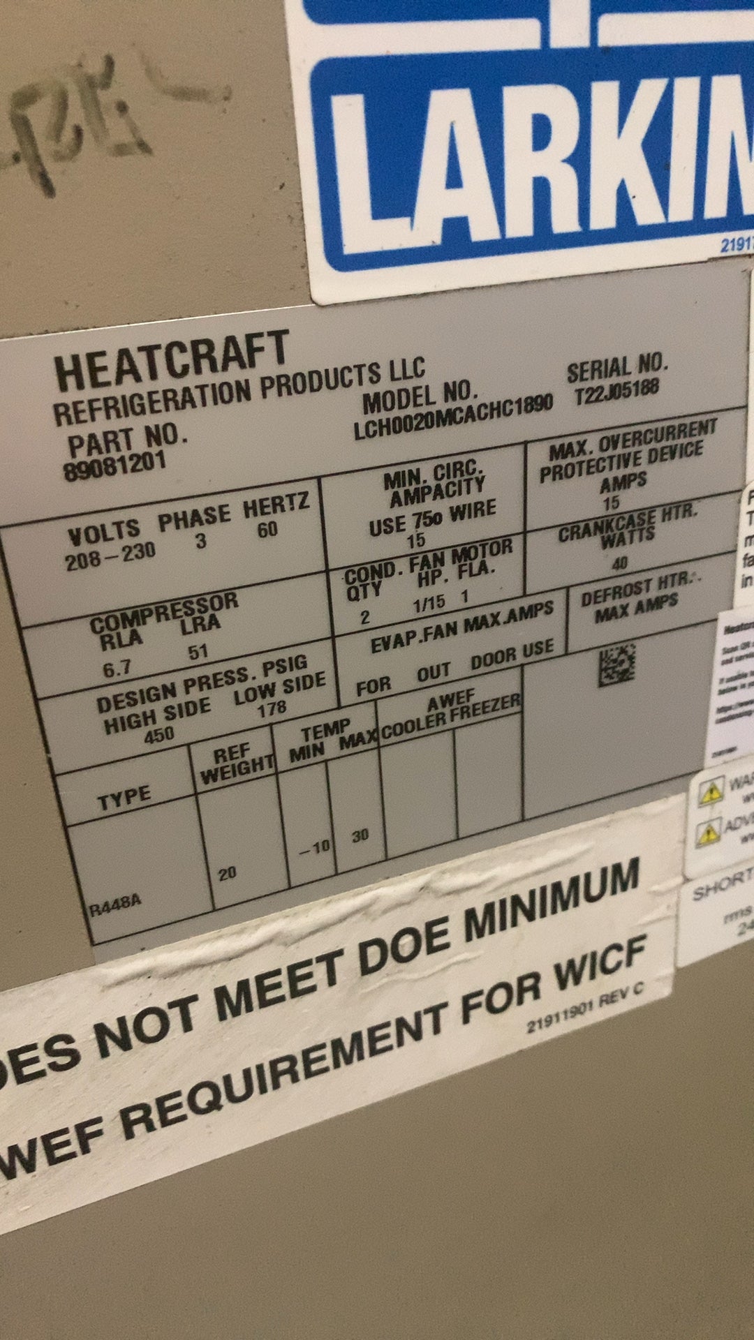 Heatcraft LCH0020MCACHC1890 Refrigeration Condensing Unit, Air-Cooled Commercial 208-230V 3-Phase For Cooler/Freezer