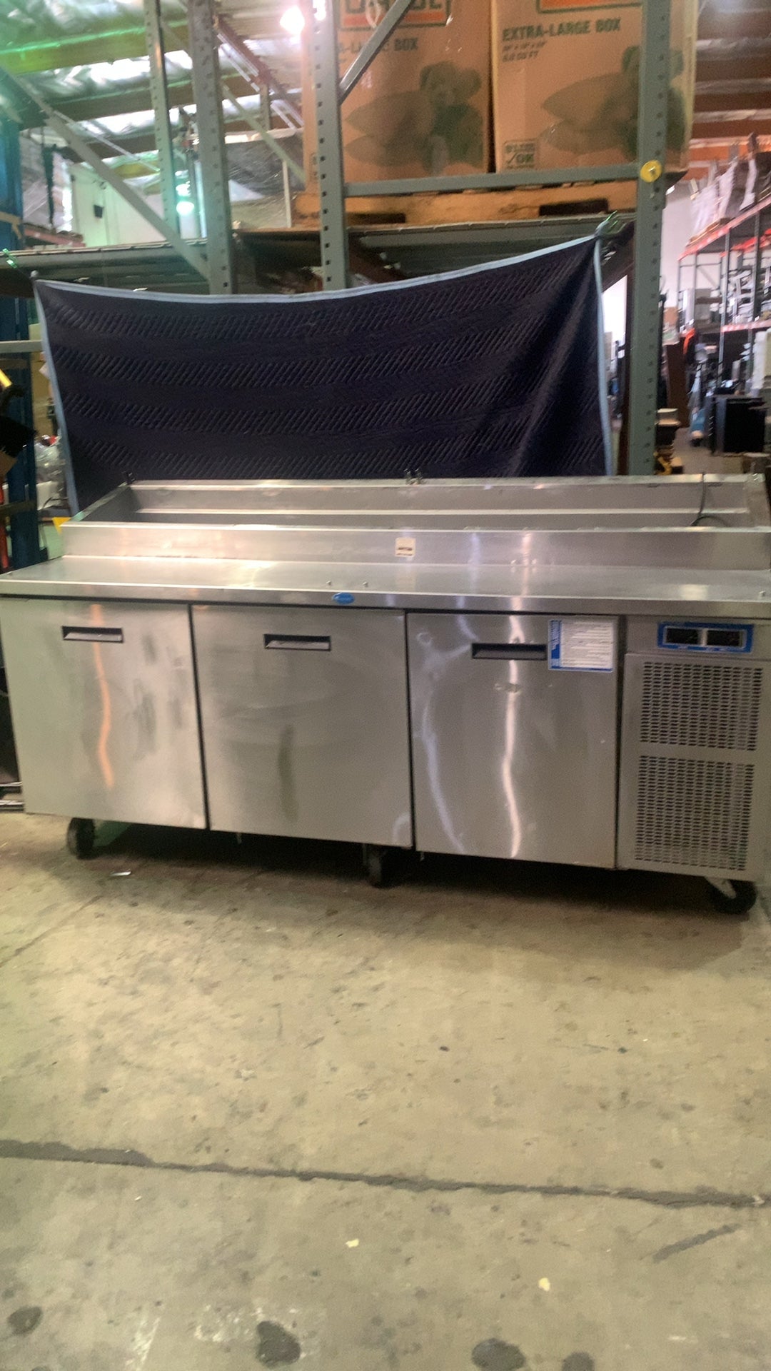 Randell 8383N-290 Salad/Sandwich Prep Table, Raised Rail, Four Door Stainless Steel, On Casters, Adjustable Shelves