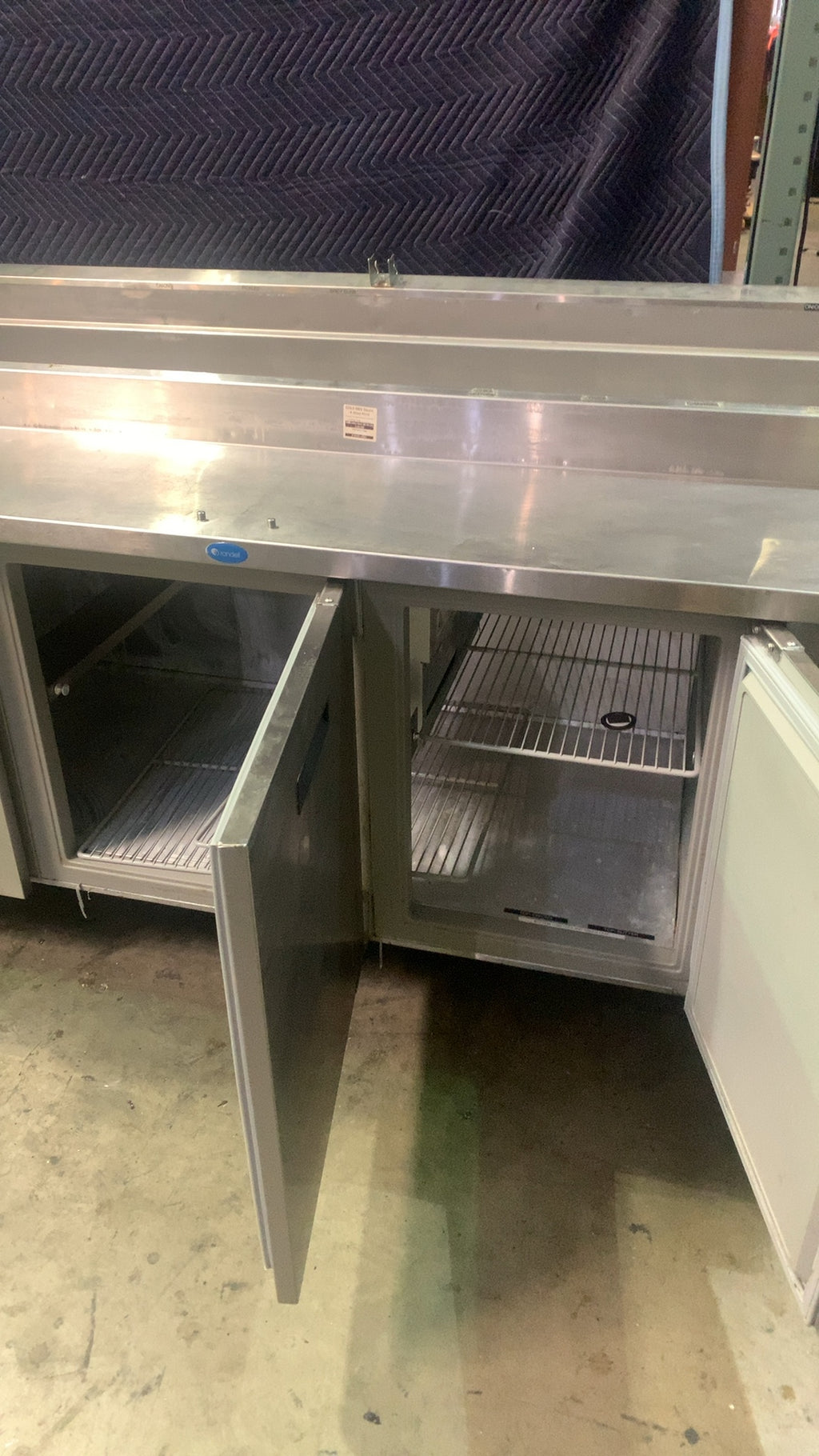 Randell 8383N-290 Salad/Sandwich Prep Table, Raised Rail, Four Door Stainless Steel, On Casters, Adjustable Shelves