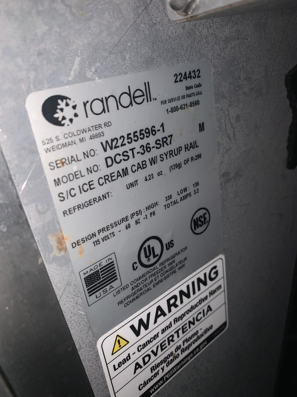 Randell DCST-36-SR7 Ice Cream Cabinet, With Syrup Rail Stainless Steel 115 Volt 3.2 Amps