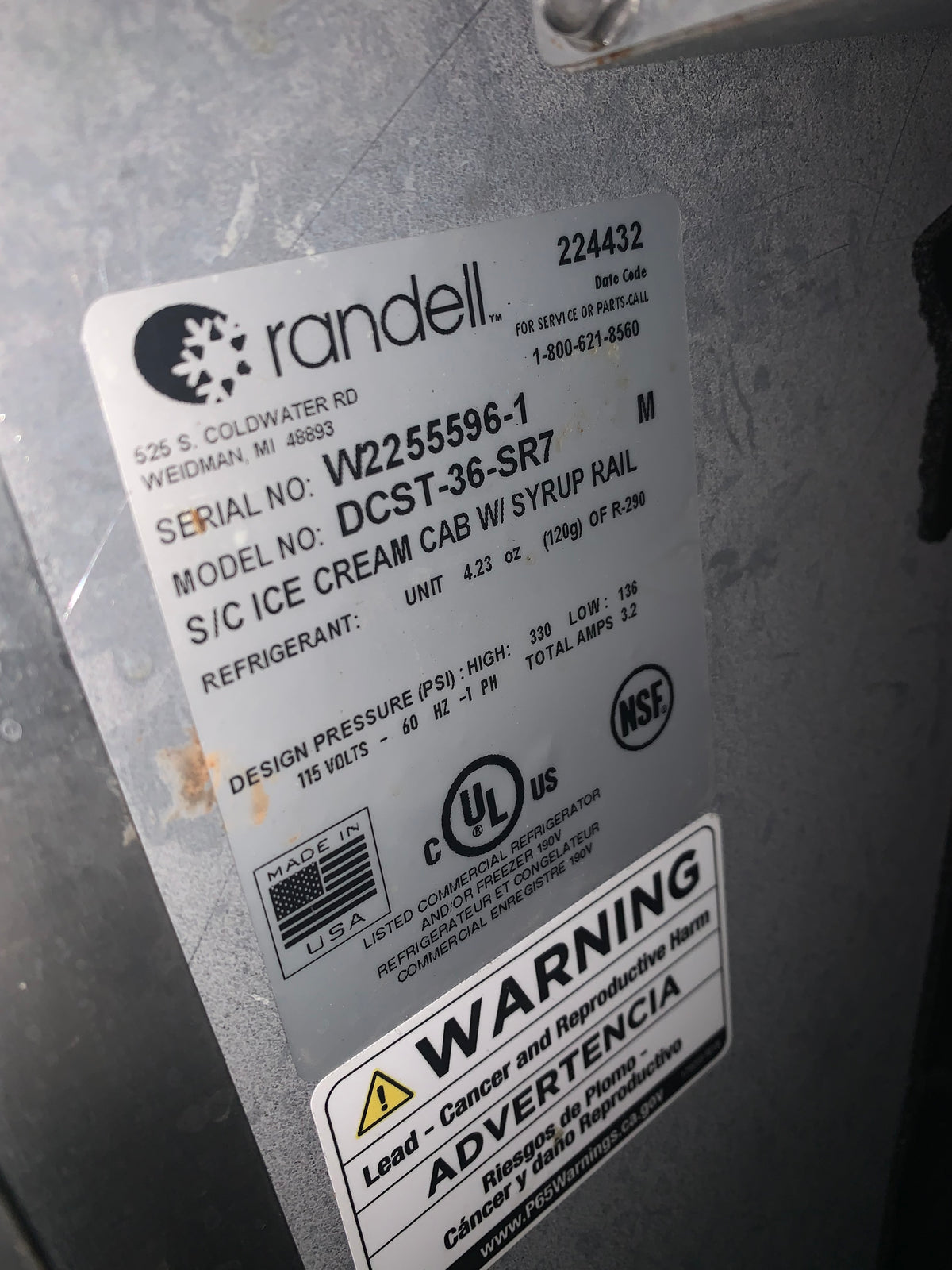 Randell DCST-36-SR7 Ice Cream Cabinet, With Syrup Rail Stainless Steel 115 Volt 3.2 Amps