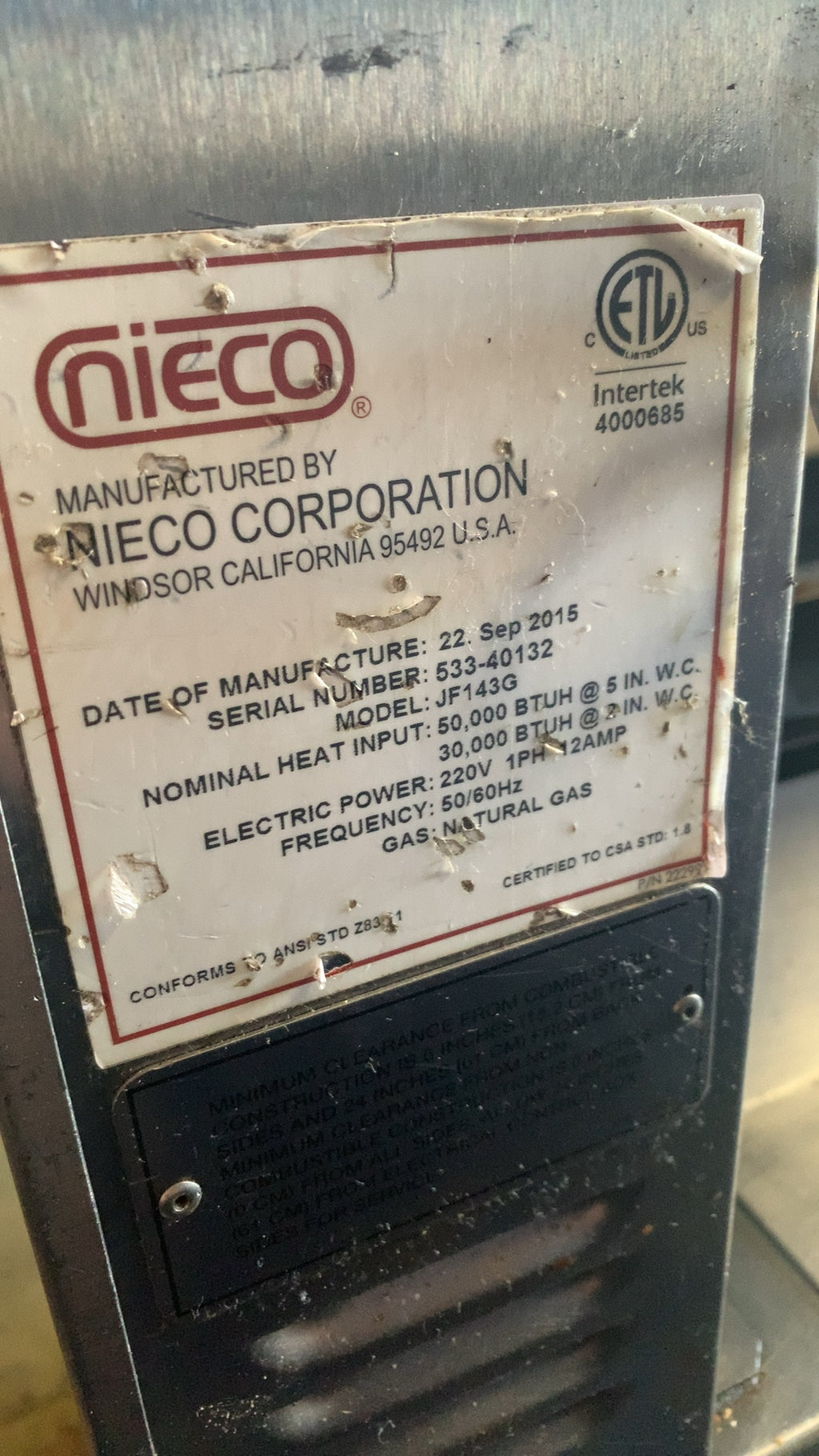 NIECO CORPORATION J87143G Conveyor Oven, BroilVection Natural Gas Powered 220V Electric