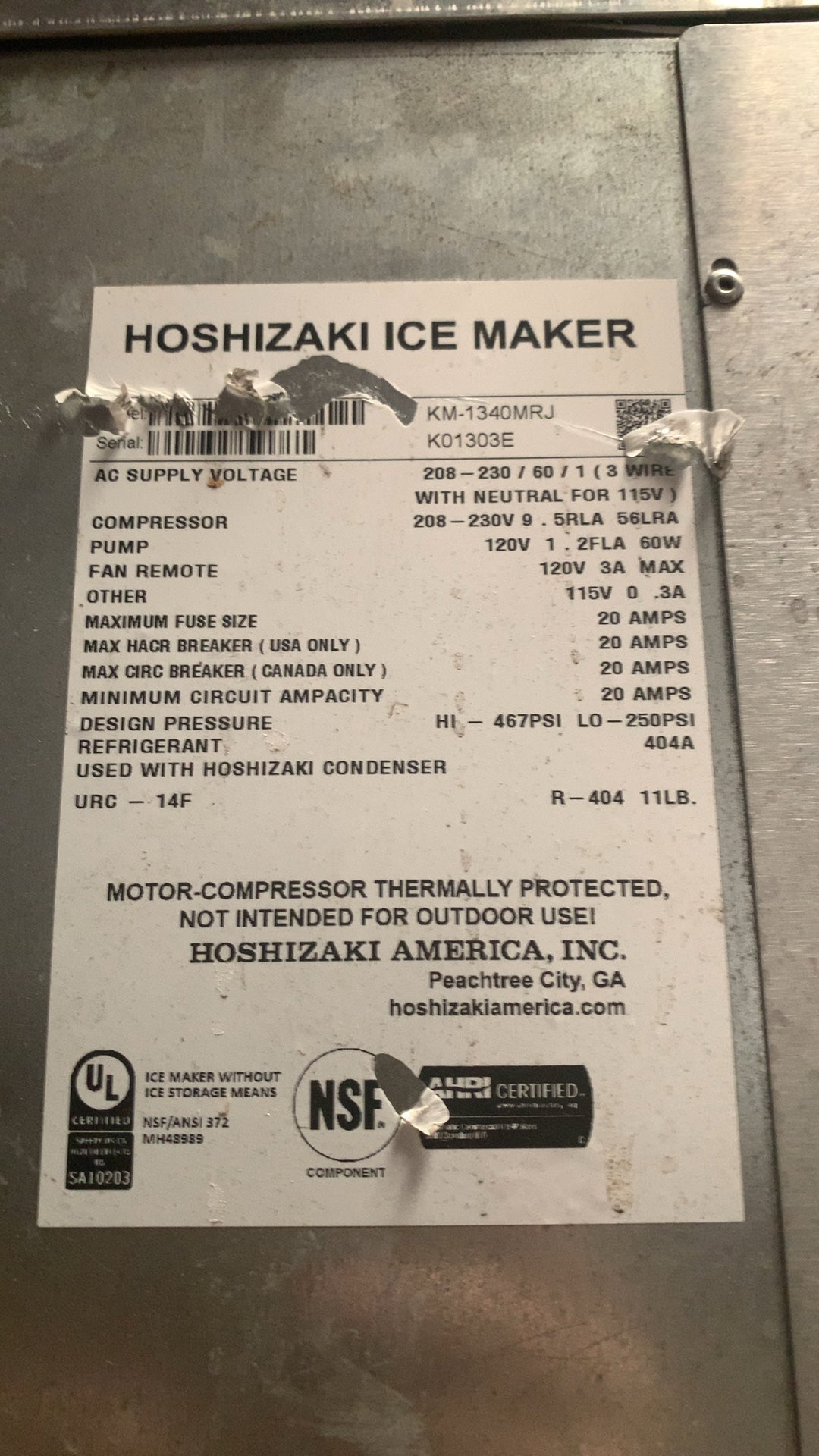 Hoshizaki KM-1340MRJ Ice Maker, Modular with Ice Storage Bin Stainless Steel