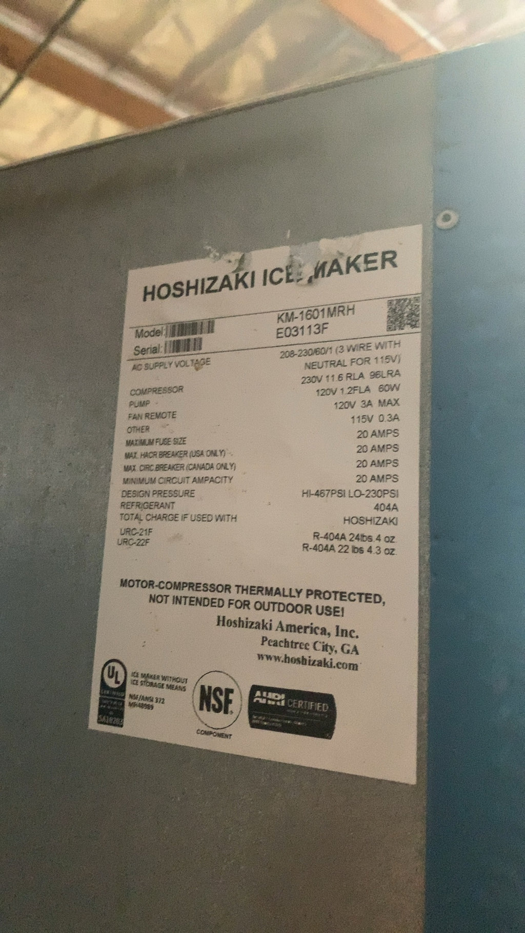 Hoshizaki KM-1601MRH Ice Maker, Commercial with Ice Storage Bin 208-230V Single Phase